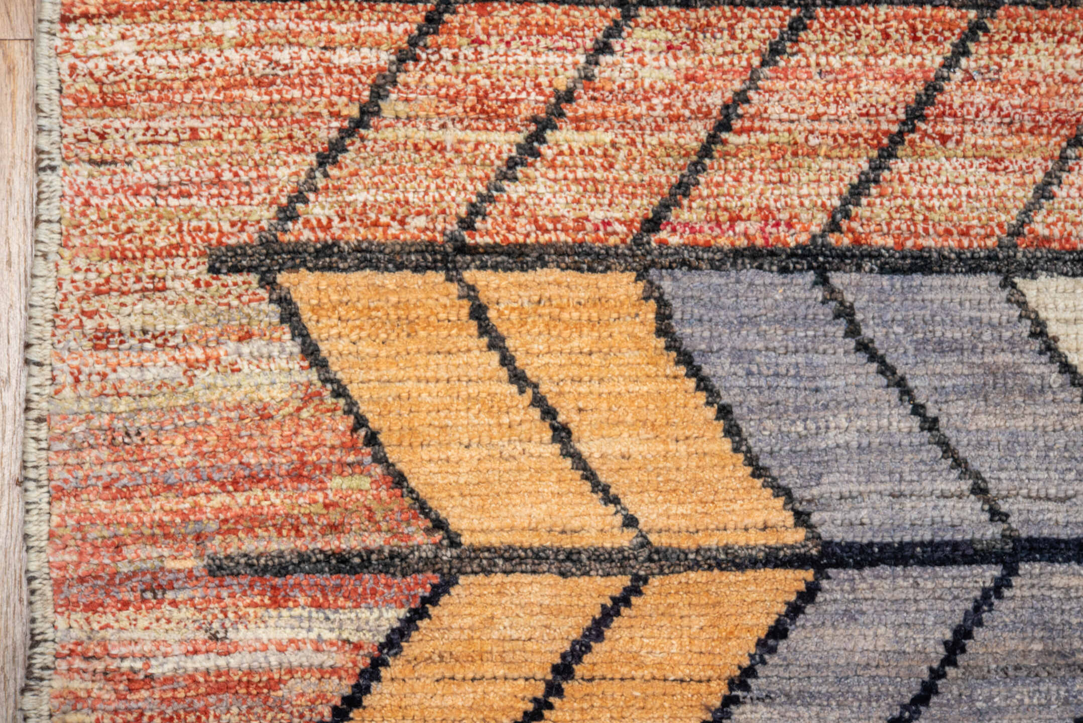 9' x 12' one-of-a-kind handmade vintage Tulu large size rug. Color palette: terra cotta, ivory, rust, peach, gold, violet
