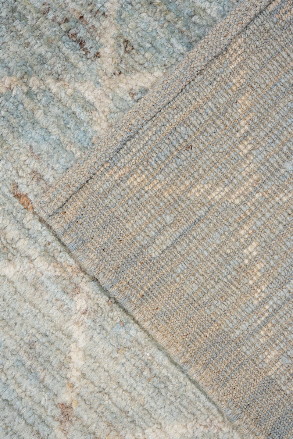 8' x 11' one-of-a-kind handmade vintage Tulu large size rug. Color palette: pale blue, ivory, taupe, beige, light gray