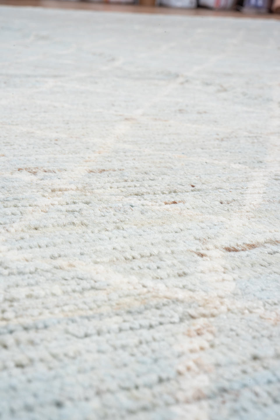 8' x 11' one-of-a-kind handmade vintage Tulu large size rug. Color palette: pale blue, ivory, taupe, beige, light gray