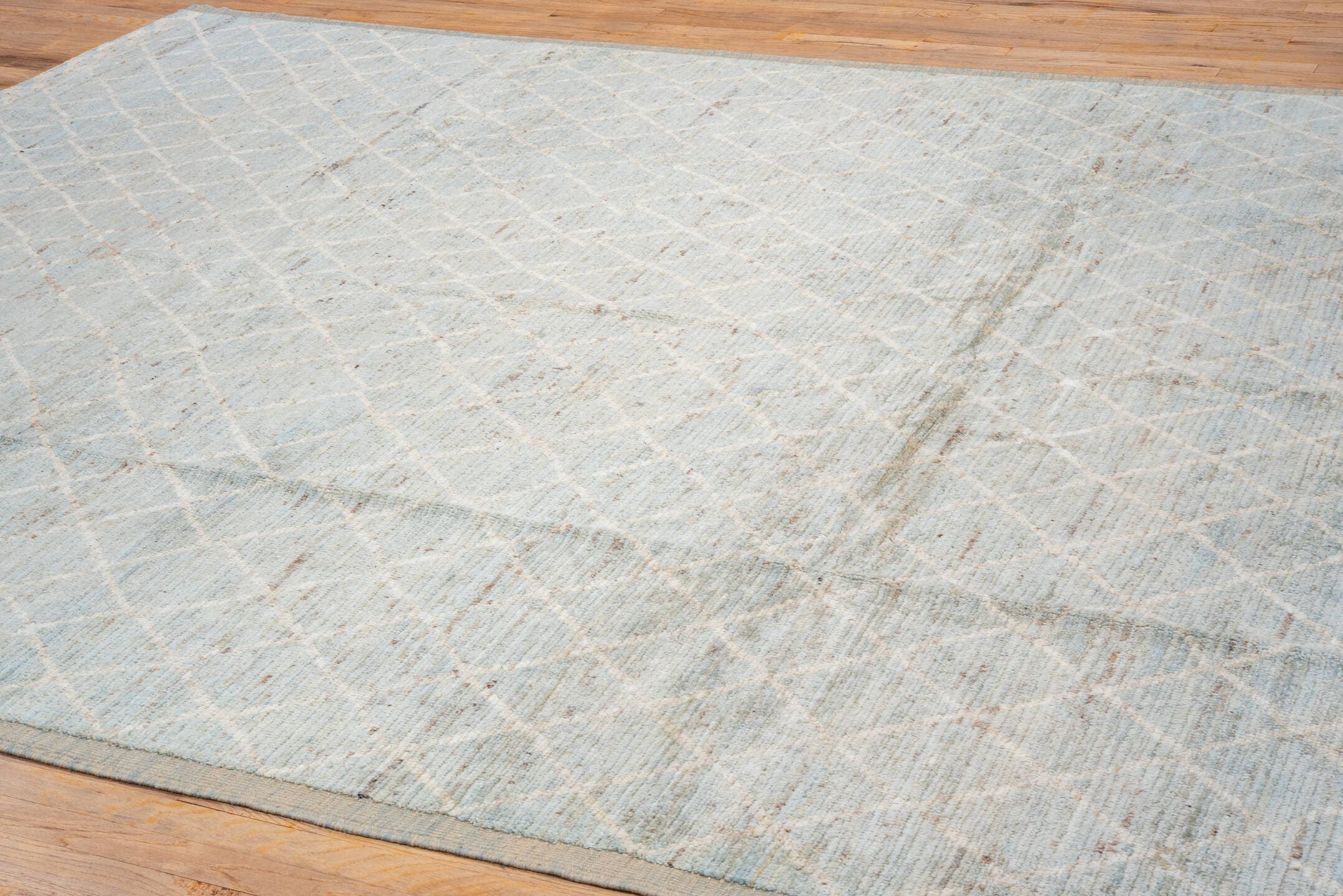 8' x 11' one-of-a-kind handmade vintage Tulu large size rug. Color palette: pale blue, ivory, taupe, beige, light gray