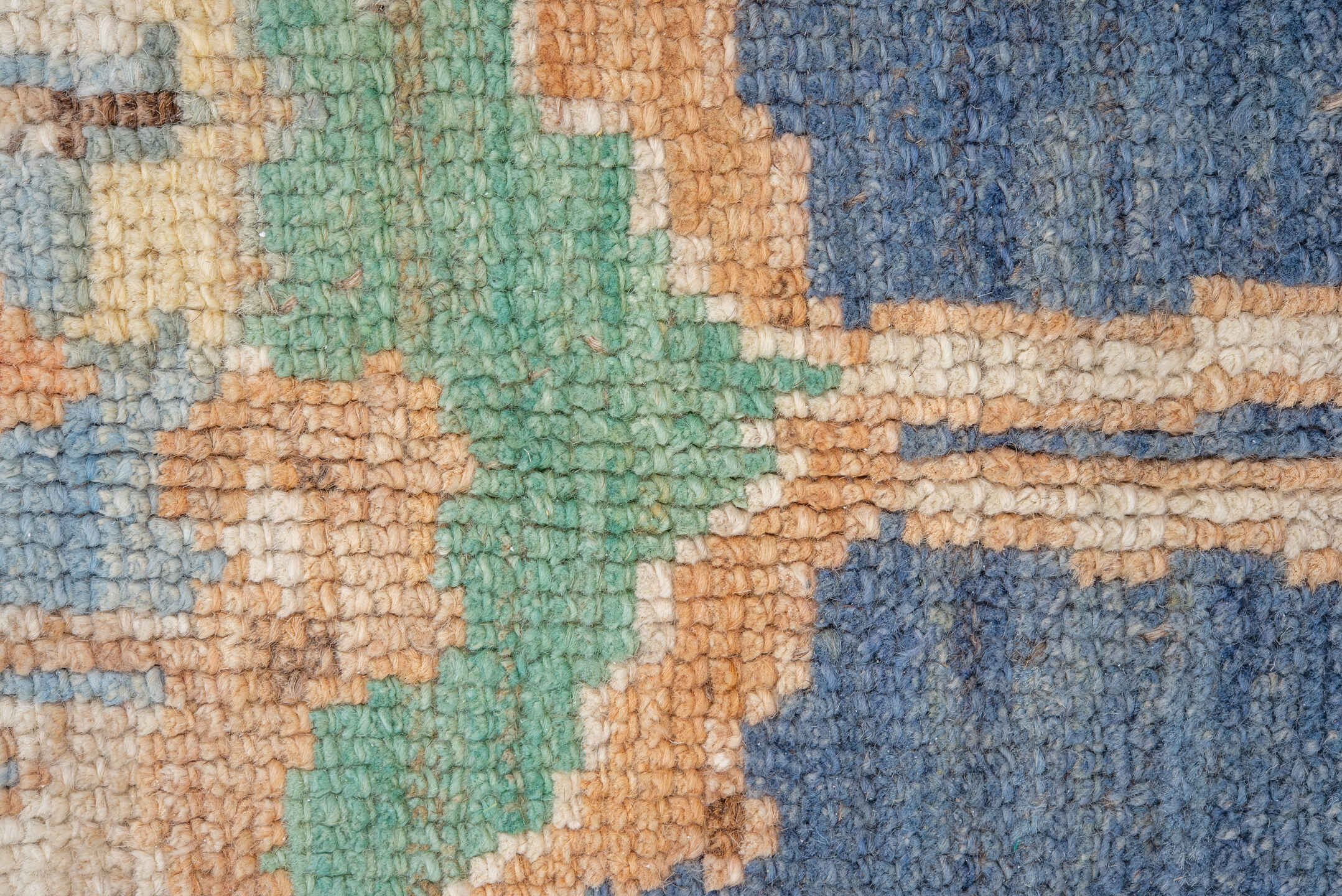 7' x 10' one-of-a-kind handmade vintage Oushak large size rug. Color palette: blue, ivory, peach, mint, tan, terracotta