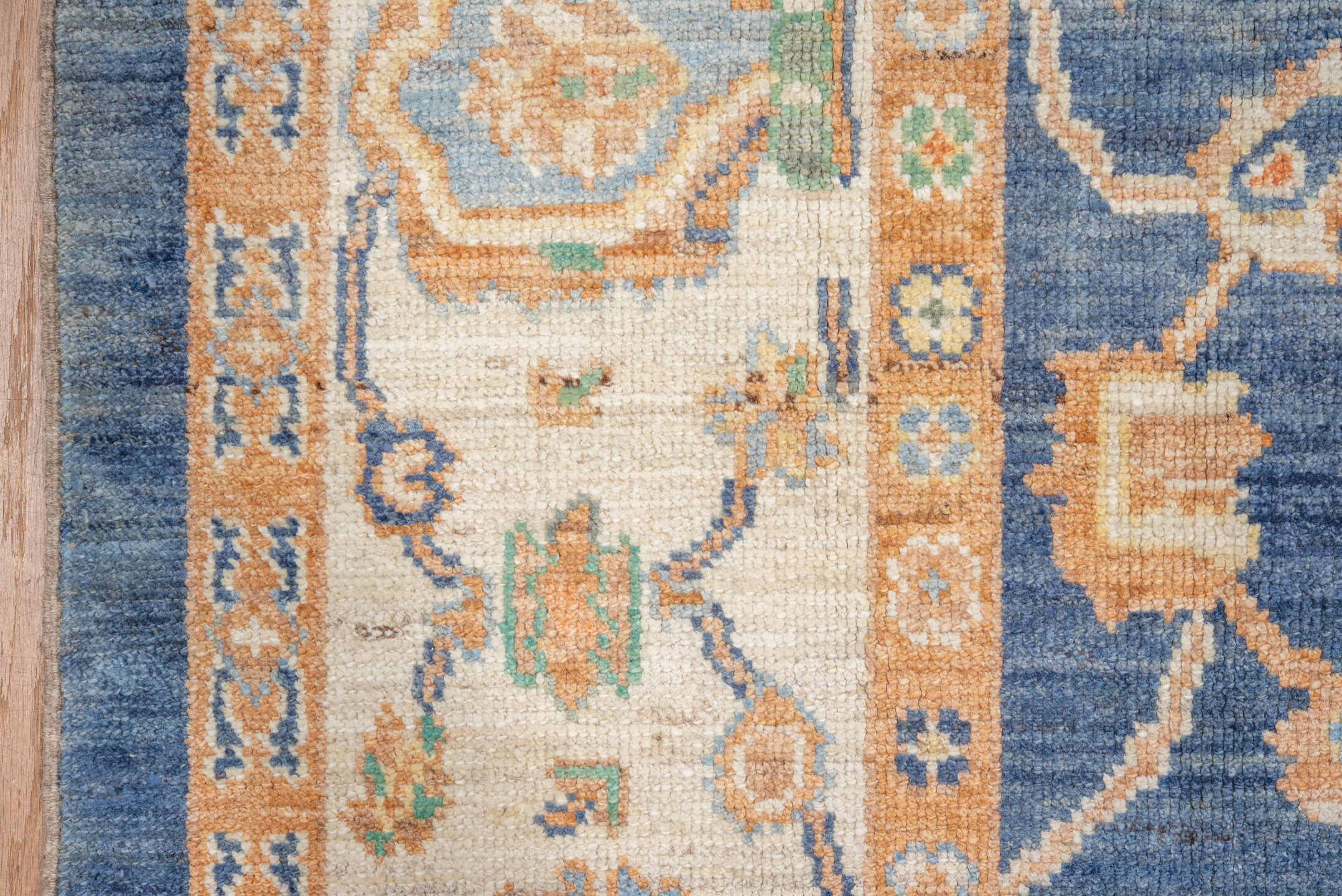 7' x 10' one-of-a-kind handmade vintage Oushak large size rug. Color palette: blue, ivory, peach, mint, tan, terracotta