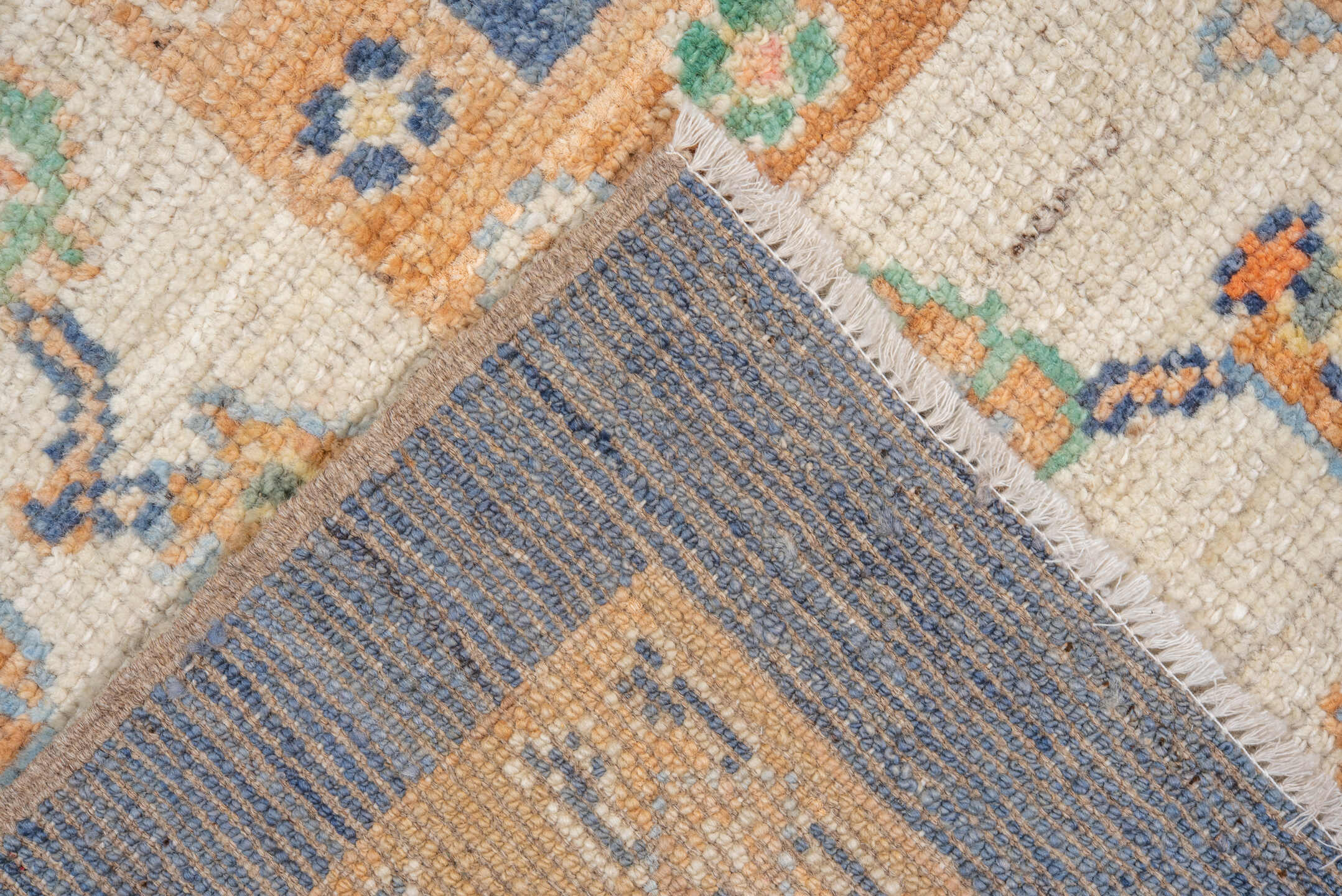 7' x 10' one-of-a-kind handmade vintage Oushak large size rug. Color palette: blue, ivory, peach, mint, tan, terracotta