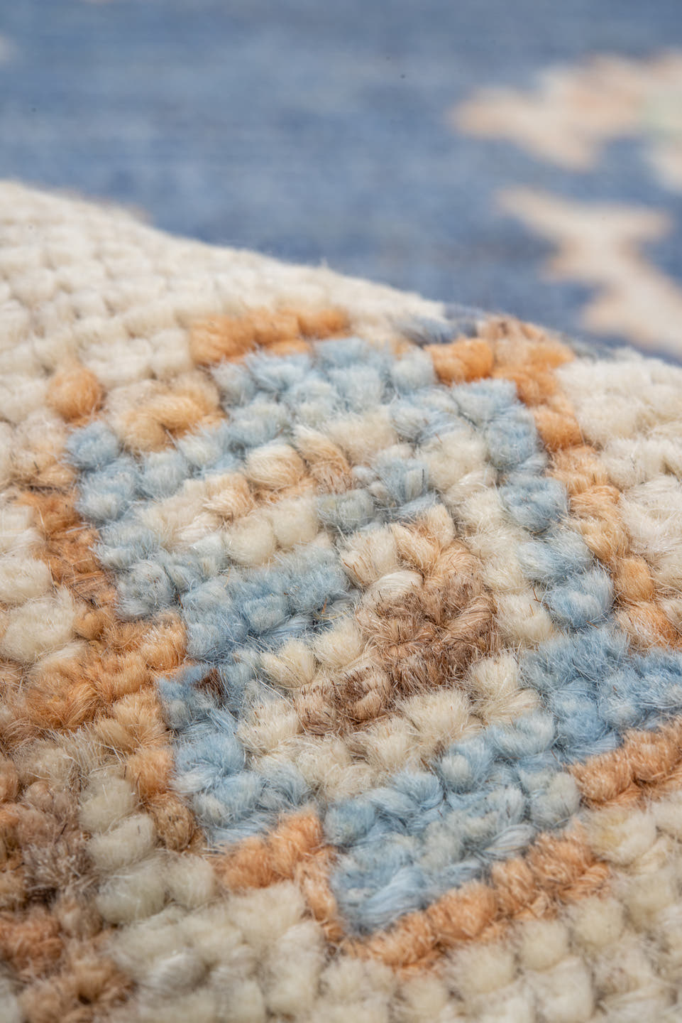 7' x 10' one-of-a-kind handmade vintage Oushak large size rug. Color palette: blue, ivory, peach, mint, tan, terracotta