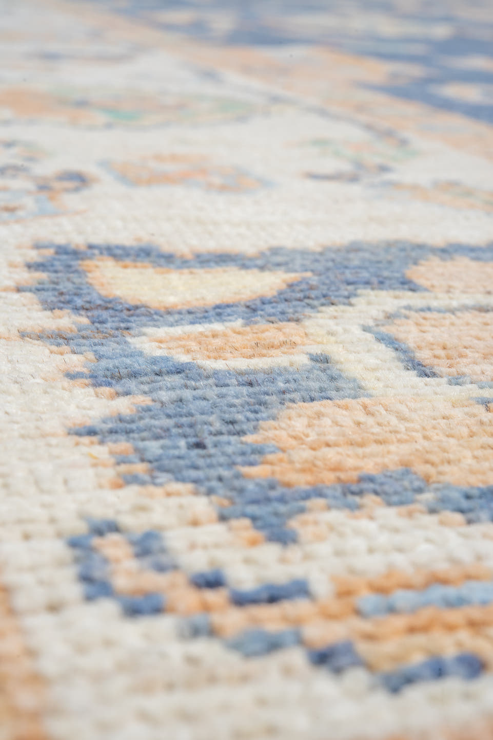 7' x 10' one-of-a-kind handmade vintage Oushak large size rug. Color palette: blue, ivory, peach, mint, tan, terracotta