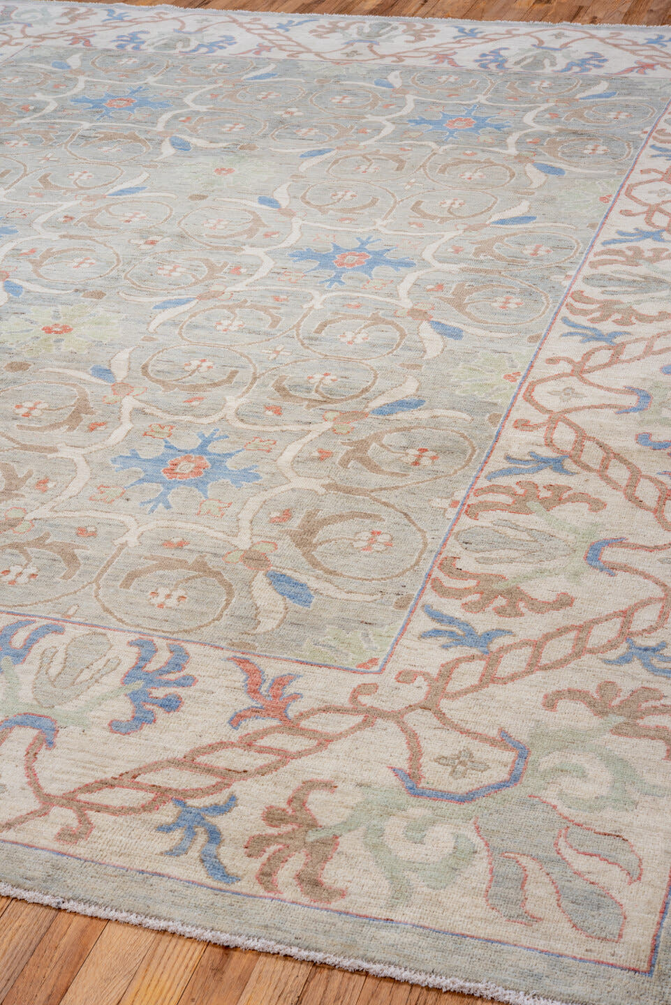 9' x 11' one-of-a-kind handmade vintage Tulu large size rug. Color palette: sage, ivory, taupe, sky_blue, rust, beige