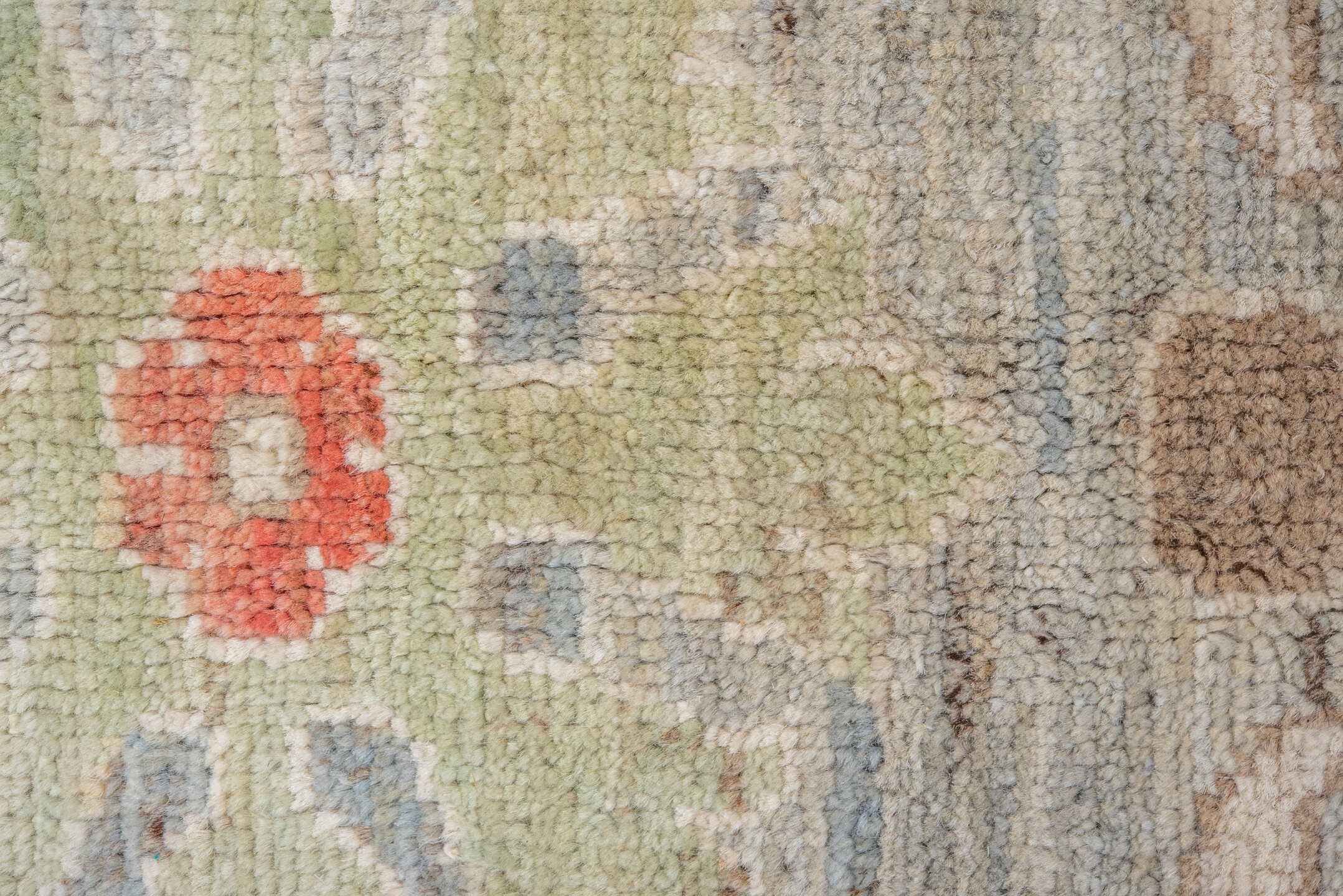9' x 11' one-of-a-kind handmade vintage Tulu large size rug. Color palette: sage, ivory, taupe, sky_blue, rust, beige