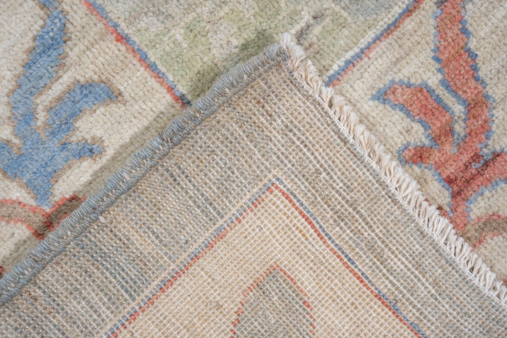 9' x 11' one-of-a-kind handmade vintage Tulu large size rug. Color palette: sage, ivory, taupe, sky_blue, rust, beige