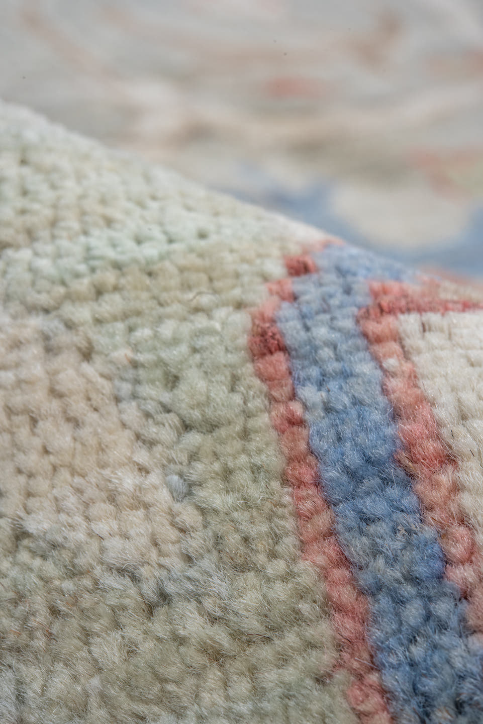 9' x 11' one-of-a-kind handmade vintage Tulu large size rug. Color palette: sage, ivory, taupe, sky_blue, rust, beige