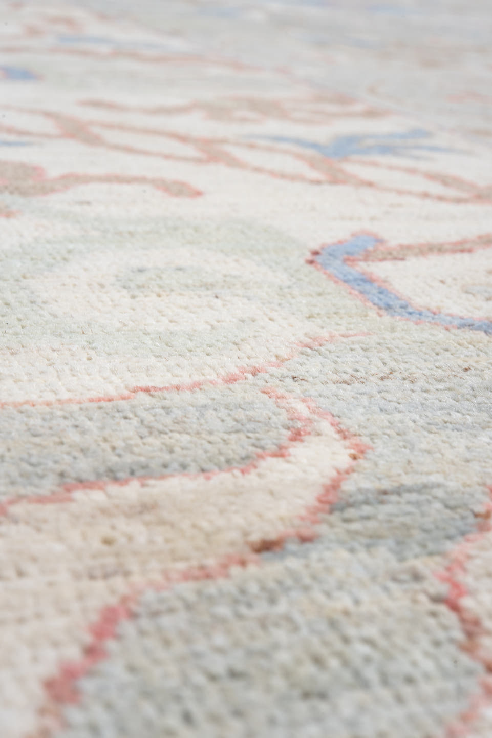 9' x 11' one-of-a-kind handmade vintage Tulu large size rug. Color palette: sage, ivory, taupe, sky_blue, rust, beige