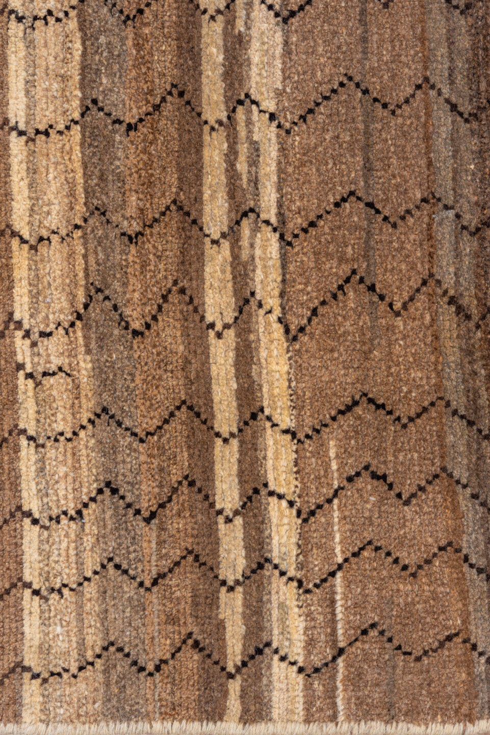 8' x 9' one-of-a-kind handmade vintage Tulu rug. Color palette: taupe, brown, camel, charcoal, beige, gray, black