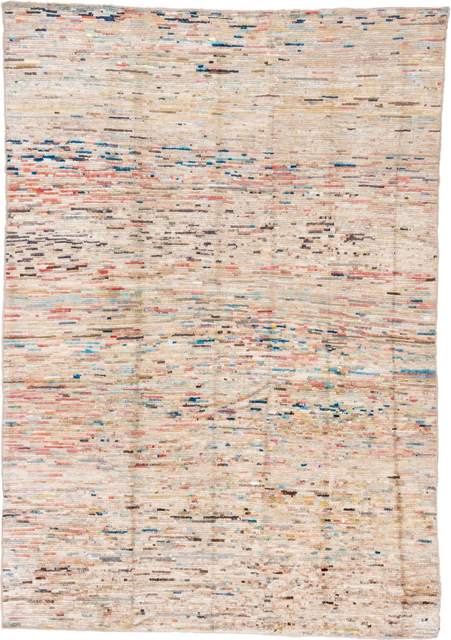 10' x 12' one-of-a-kind handmade vintage Tulu large size rug. Color palette: ivory, beige, coral, sky blue, taupe, brown