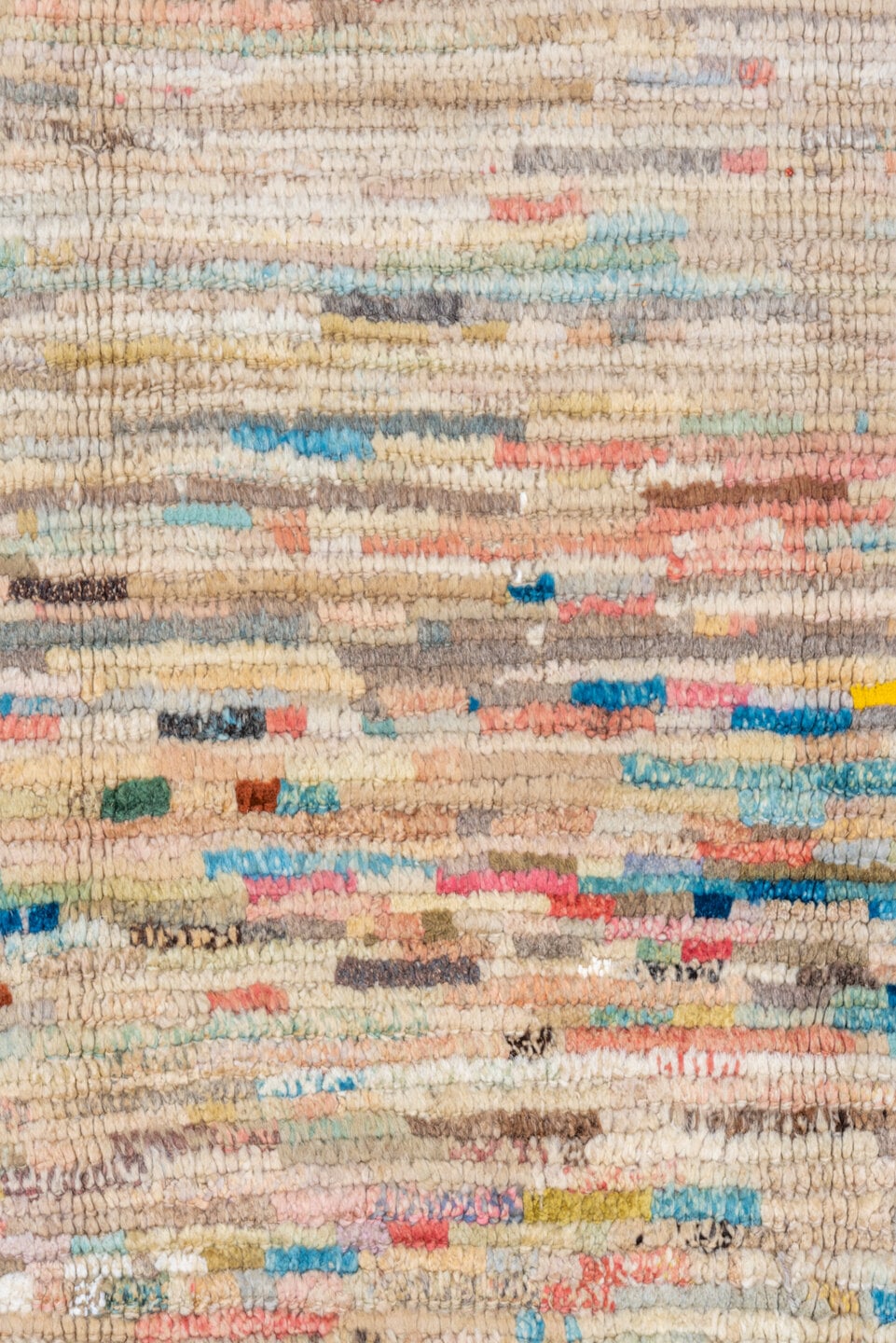 10' x 12' one-of-a-kind handmade vintage Tulu large size rug. Color palette: ivory, beige, coral, sky blue, taupe, brown