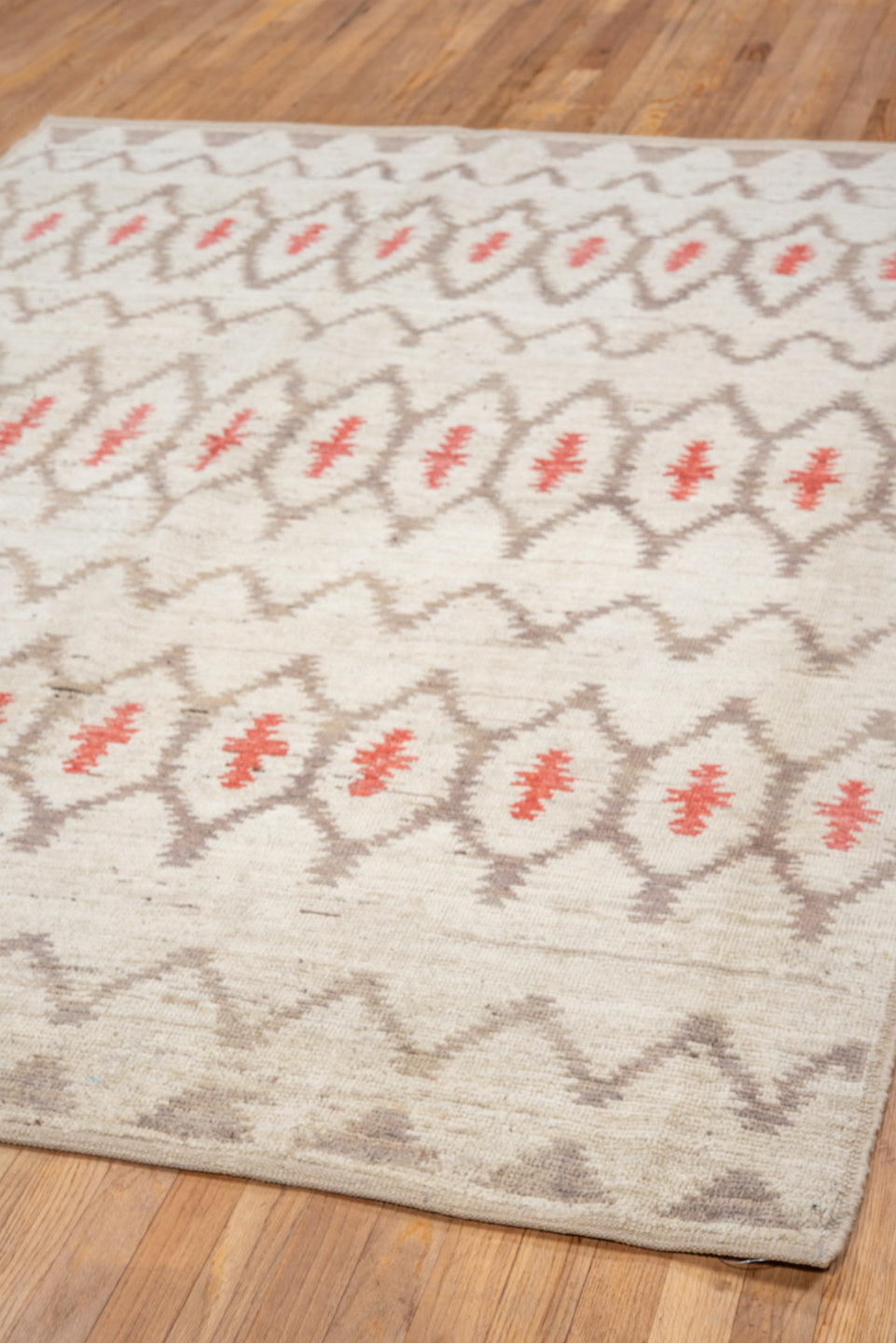 6' x 8' one-of-a-kind handmade vintage Tulu medium size rug. Color palette: brown, gray, light gray, linen, off-white, pink