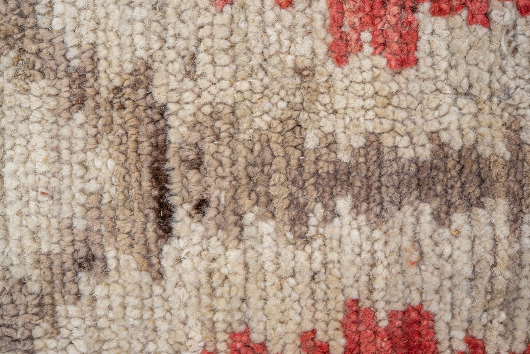6' x 8' one-of-a-kind handmade vintage Tulu medium size rug. Color palette: ivory, taupe, coral, beige, gray, terracotta
