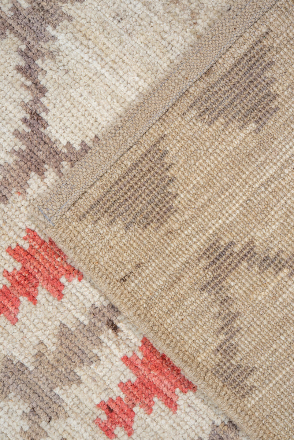 6' x 8' one-of-a-kind handmade vintage Tulu medium size rug. Color palette: ivory, taupe, coral, beige, gray, terracotta