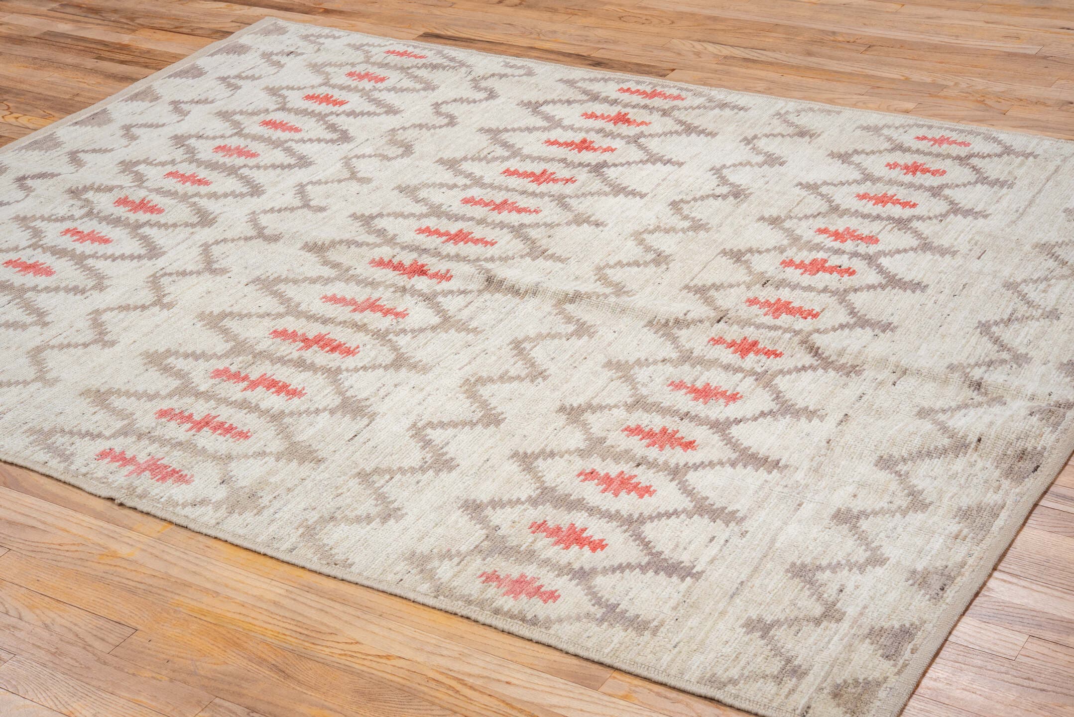 6' x 8' one-of-a-kind handmade vintage Tulu medium size rug. Color palette: ivory, taupe, coral, beige, gray, terracotta