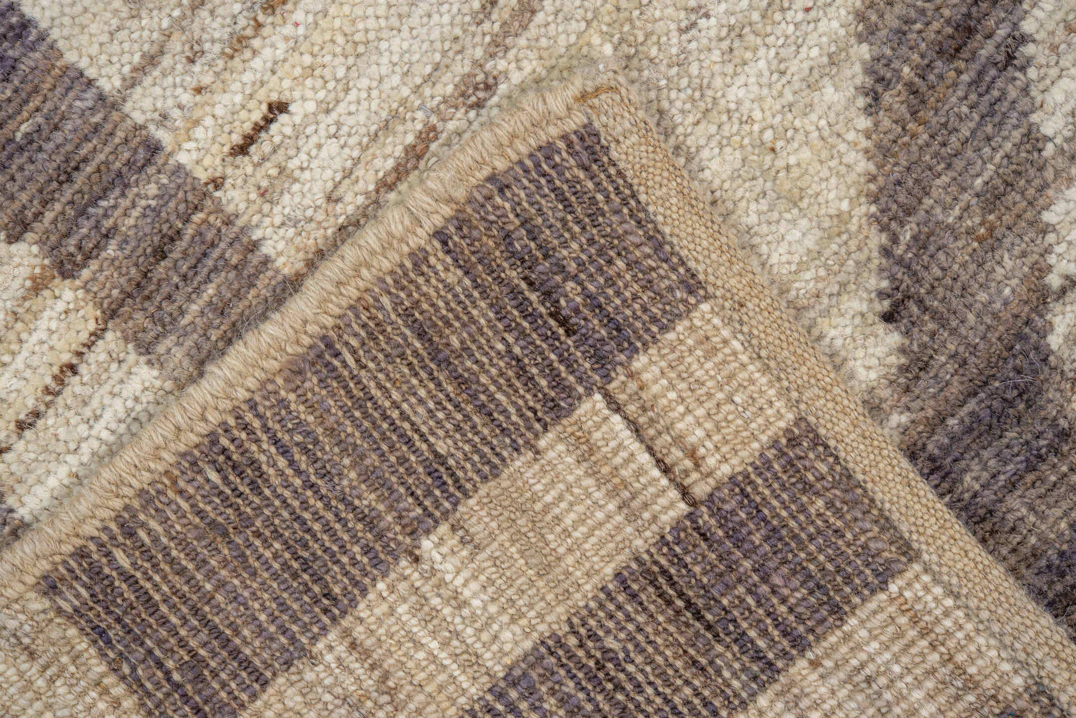 6' x 8' one-of-a-kind handmade vintage Tulu medium size rug. Color palette: ivory, taupe, brown, charcoal, beige, gray