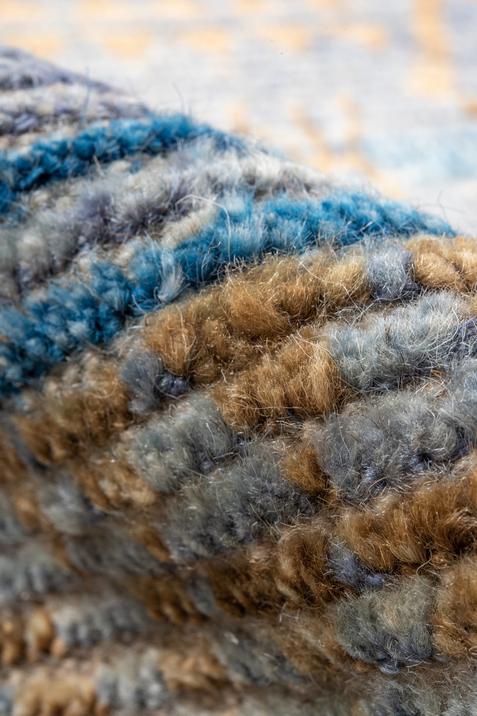 3' x 9' one-of-a-kind handmade vintage Tulu runner rug. Color palette: blue, brown, dark gray, gray, light blue, light gray