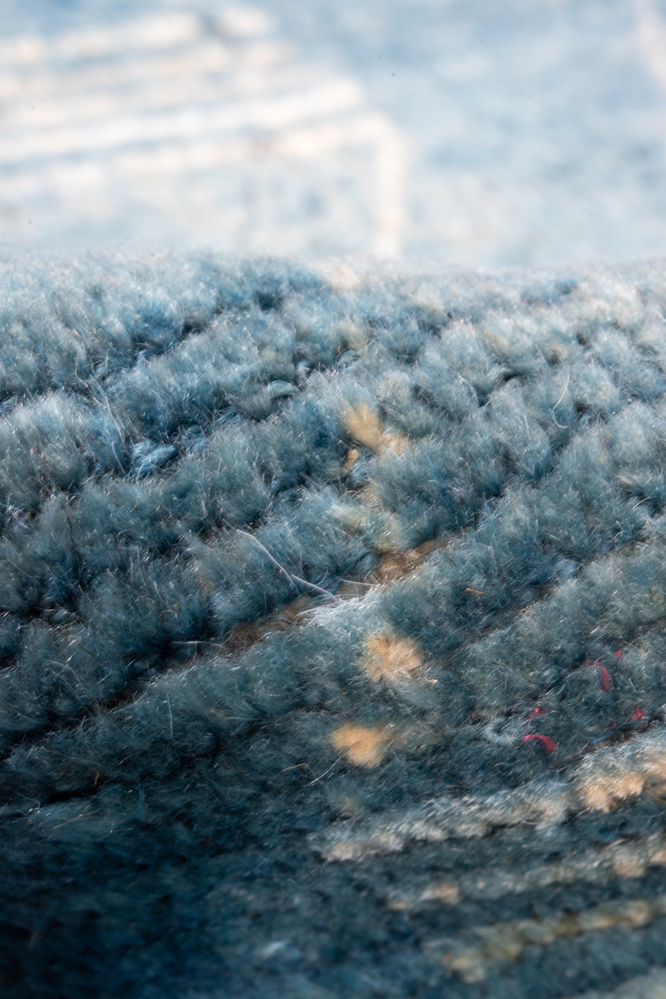 2' x 9' one-of-a-kind handmade vintage Tulu runner rug. Color palette: blue, gray, light blue, light gray, off-white, snow