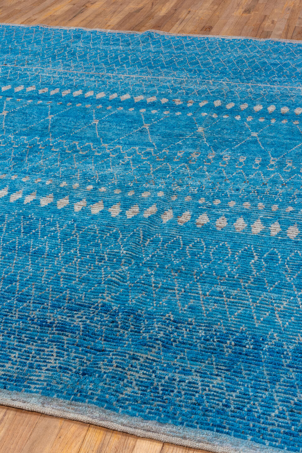 8' x 9' one-of-a-kind handmade vintage Tulu rug. Color palette: turquoise, ivory, sky blue, slate, teal, light blue, gray