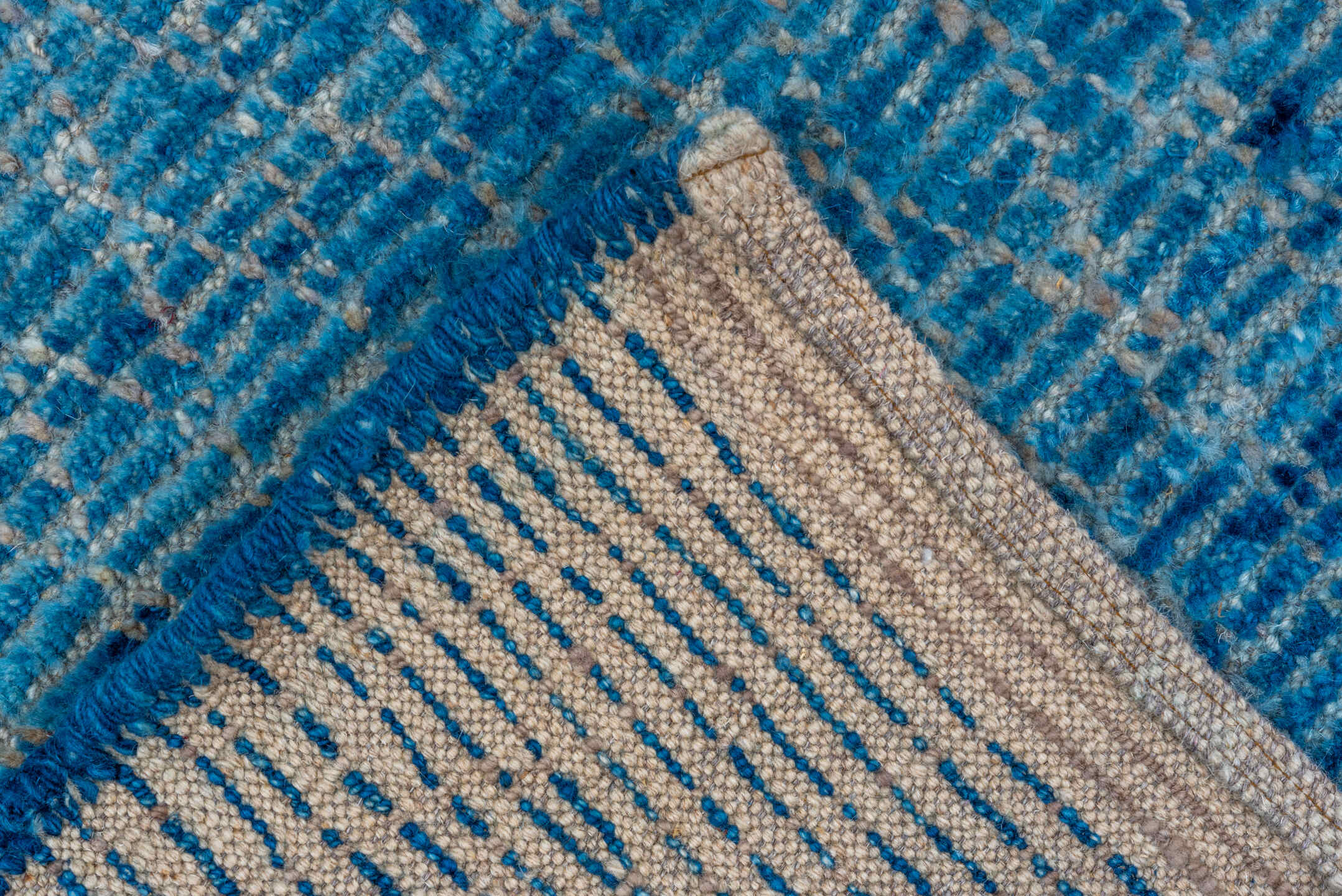 8' x 9' one-of-a-kind handmade vintage Tulu rug. Color palette: turquoise, ivory, sky blue, slate, teal, light blue, gray