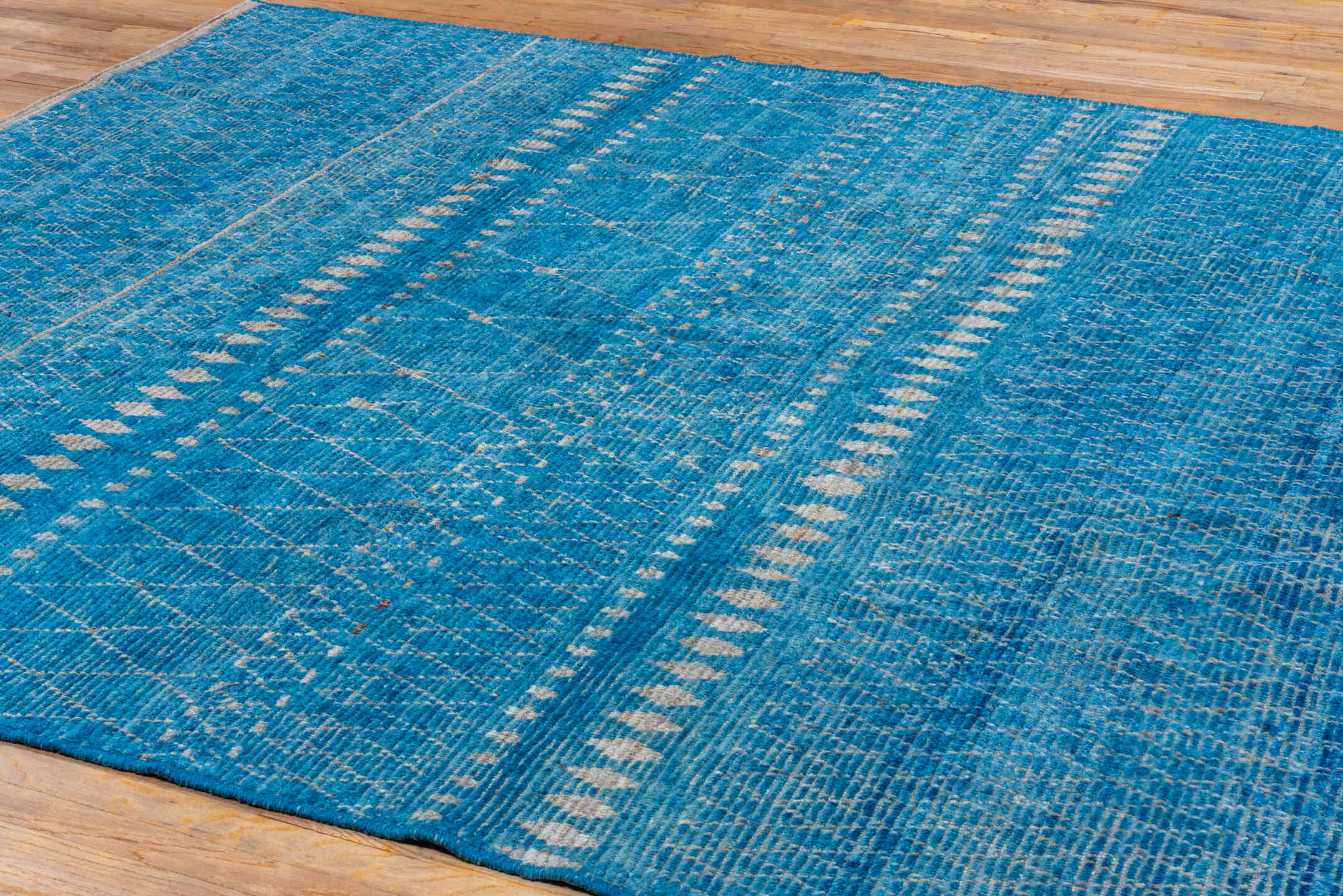 8' x 9' one-of-a-kind handmade vintage Tulu rug. Color palette: turquoise, ivory, sky blue, slate, teal, light blue, gray
