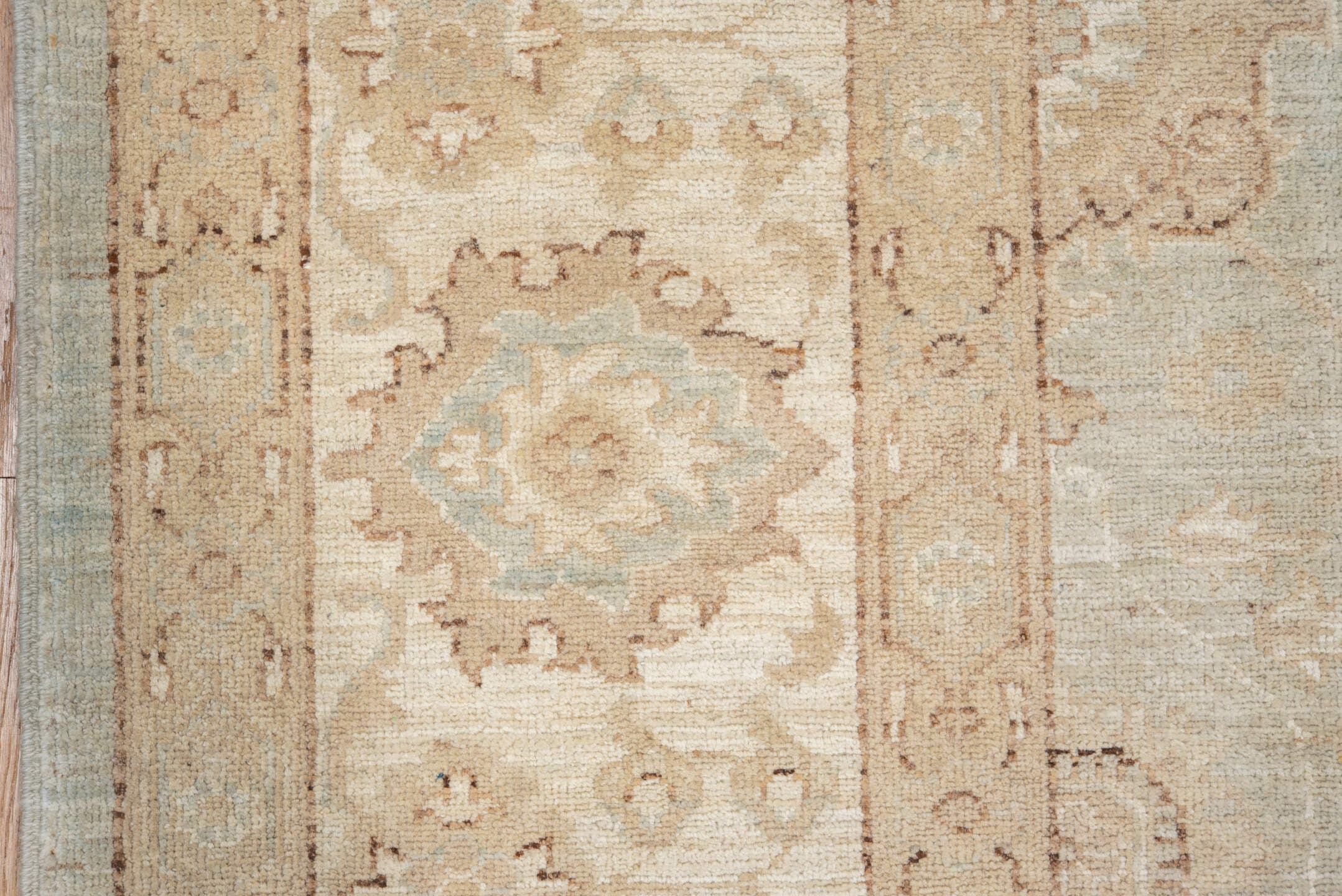 7' x 7' one-of-a-kind handmade vintage Sivas rug. Color palette: ivory, beige, taupe, camel, pale blue, cream, gray
