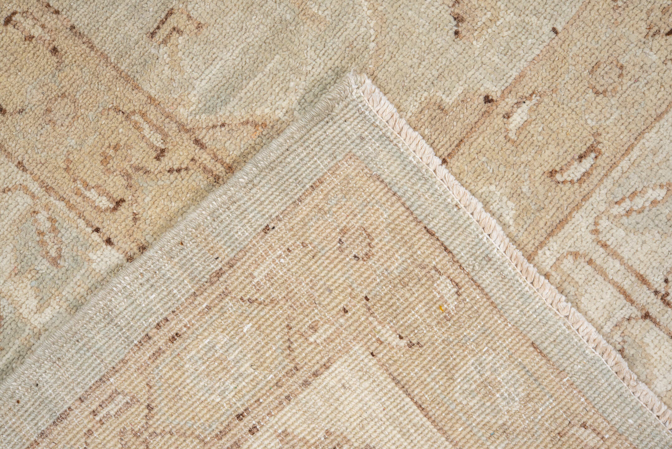 7' x 7' one-of-a-kind handmade vintage Sivas rug. Color palette: ivory, beige, taupe, camel, pale blue, cream, gray