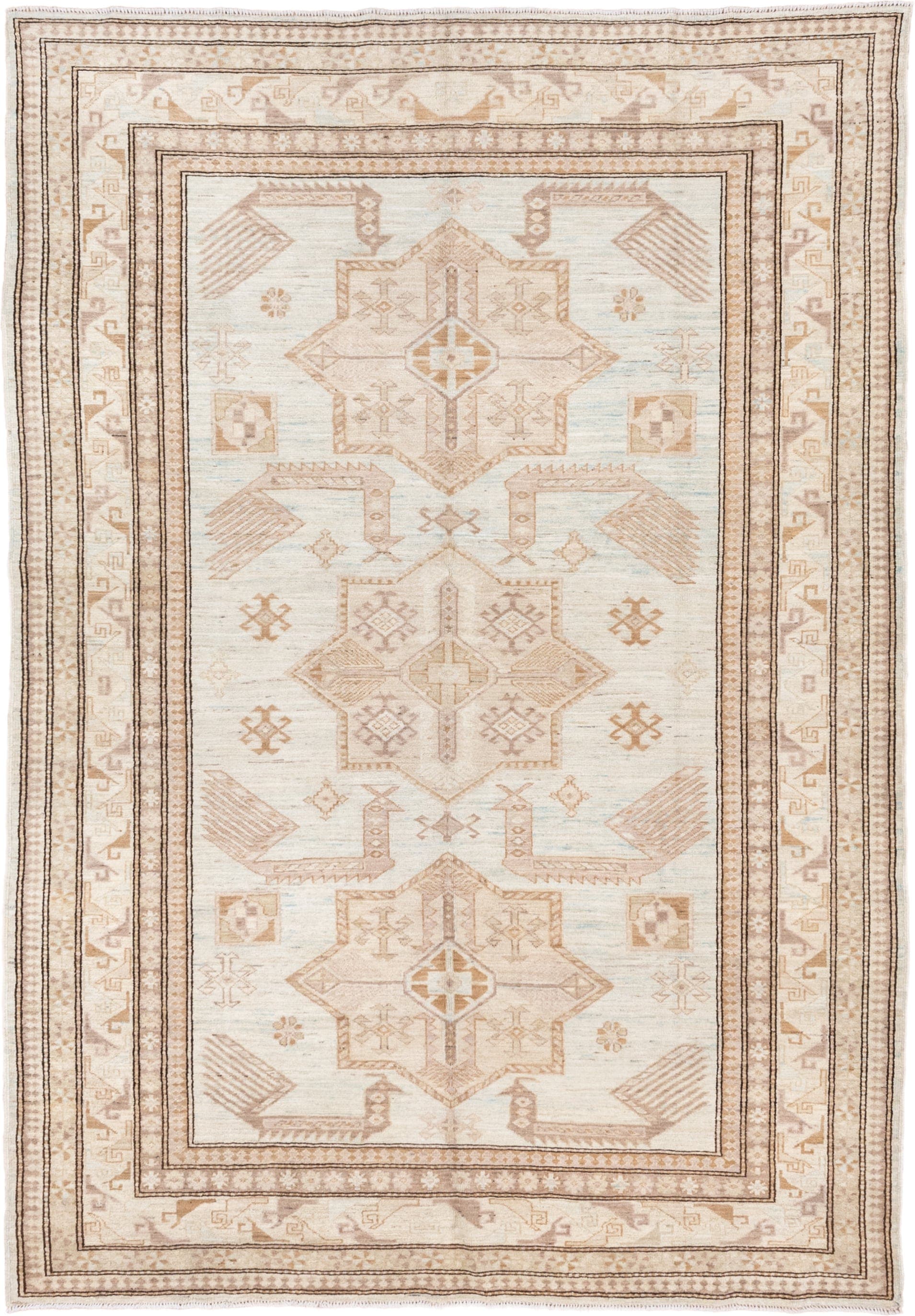 5' x 8' one-of-a-kind handmade vintage Sivas medium size rug. Color palette: ivory, beige, taupe, camel, pale blue, sand