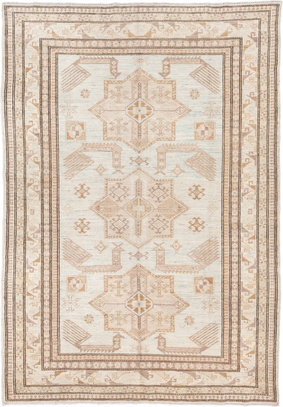 5' x 8' one-of-a-kind handmade vintage Sivas medium size rug. Color palette: ivory, beige, taupe, camel, pale blue, sand