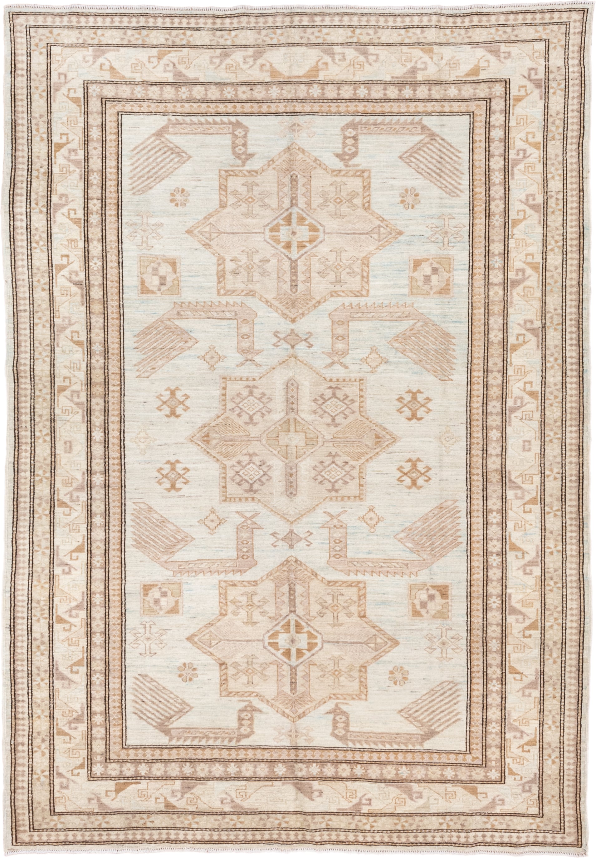 5' x 8' one-of-a-kind handmade vintage Sivas medium size rug. Color palette: ivory, beige, taupe, camel, pale blue, sand