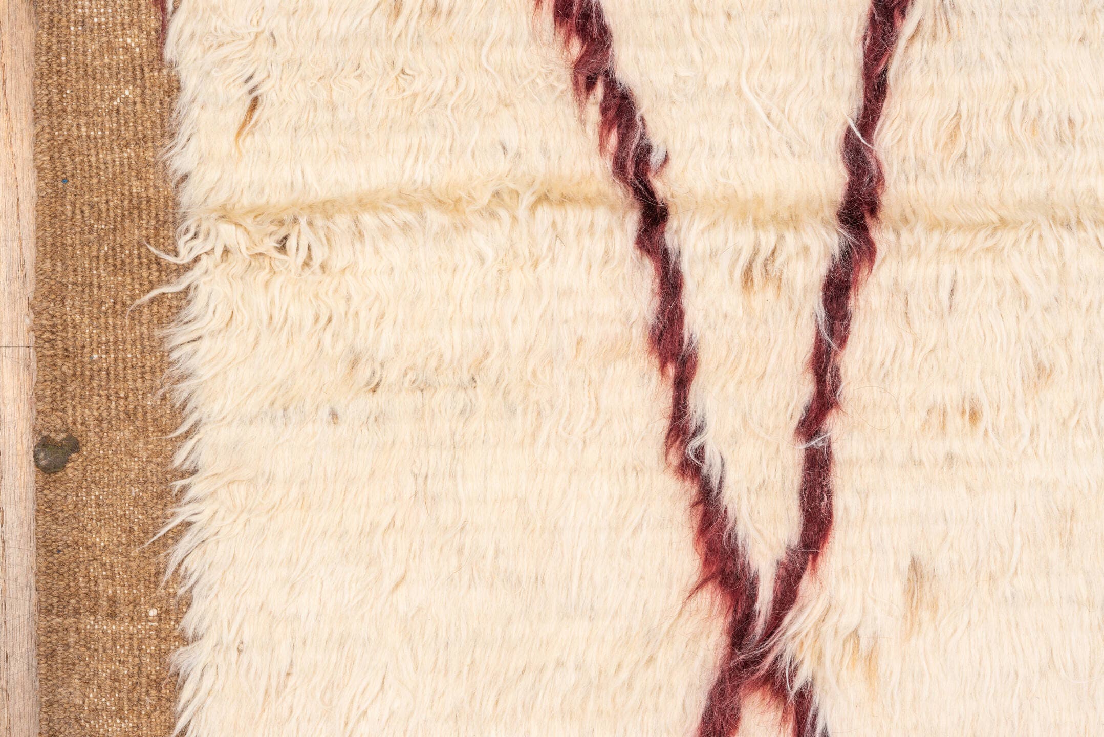 5' x 6' one-of-a-kind handmade vintage Moroccan rug. Color palette: ivory, camel, burgundy, cream, beige