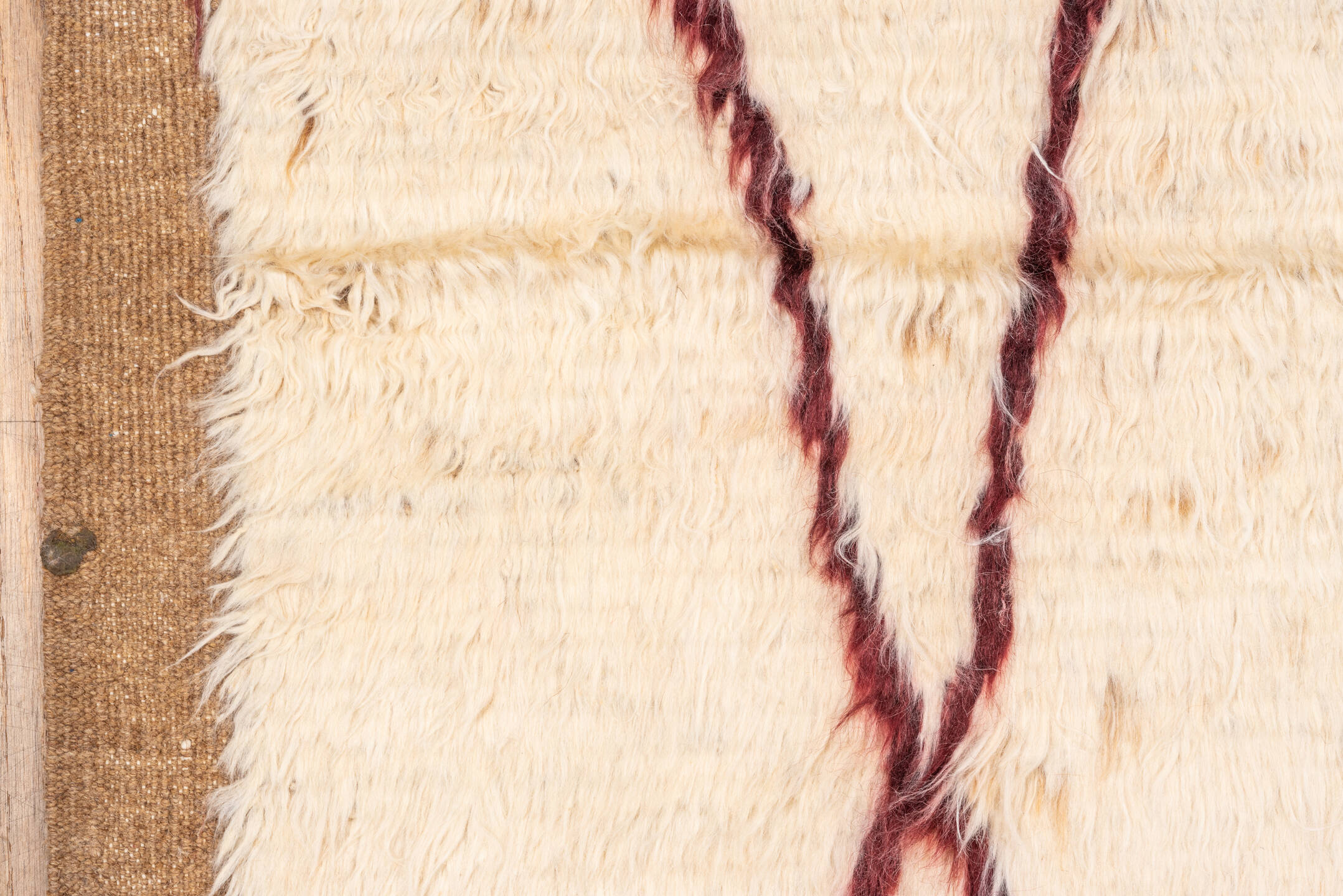 5' x 6' one-of-a-kind handmade vintage Moroccan rug. Color palette: ivory, camel, burgundy, cream, beige