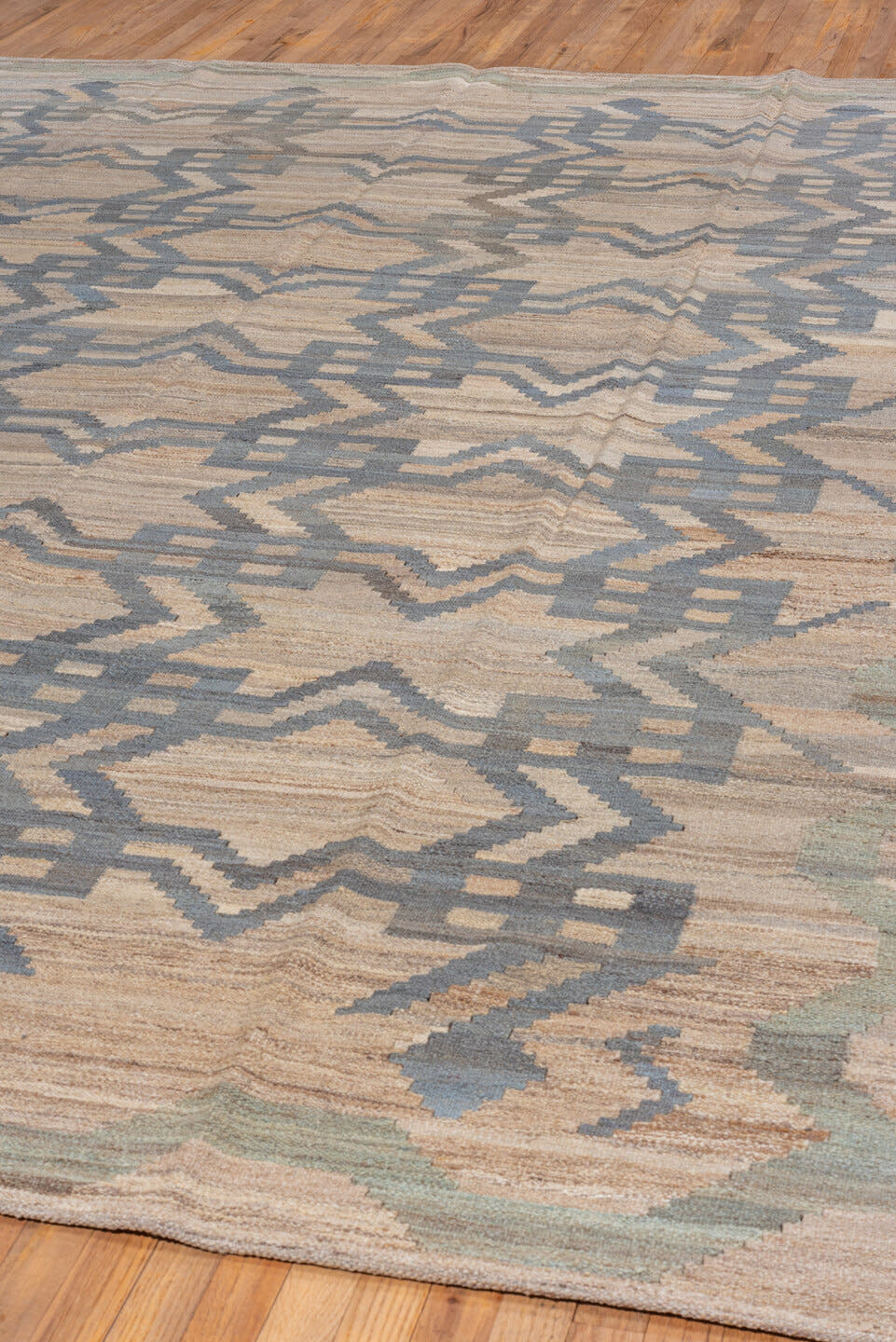 9' x 11' one-of-a-kind handmade vintage Kilim large size rug. Color palette: ivory, beige, pale blue, sage, taupe