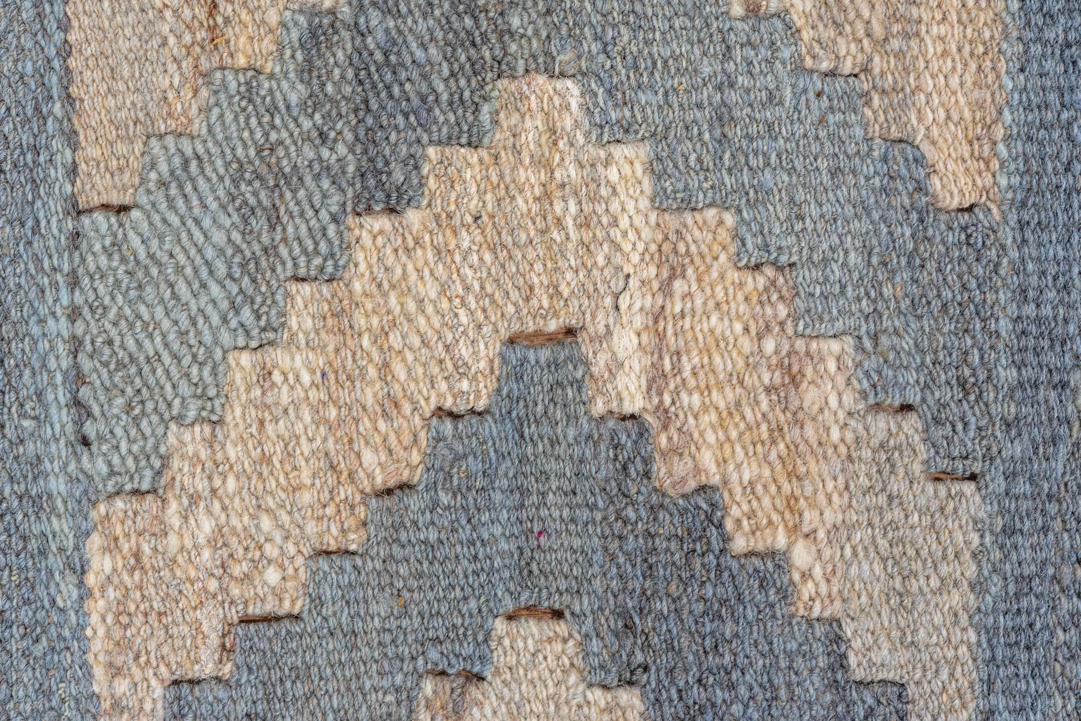 9' x 11' one-of-a-kind handmade vintage Kilim large size rug. Color palette: ivory, beige, pale blue, sage, taupe
