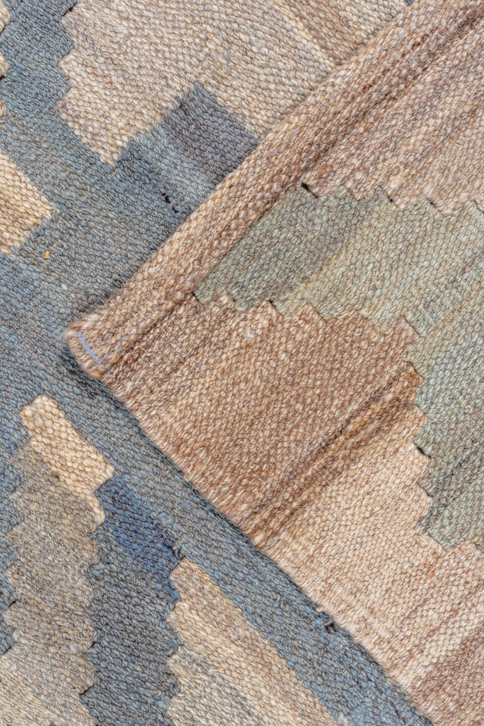 9' x 11' one-of-a-kind handmade vintage Kilim large size rug. Color palette: ivory, beige, pale blue, sage, taupe
