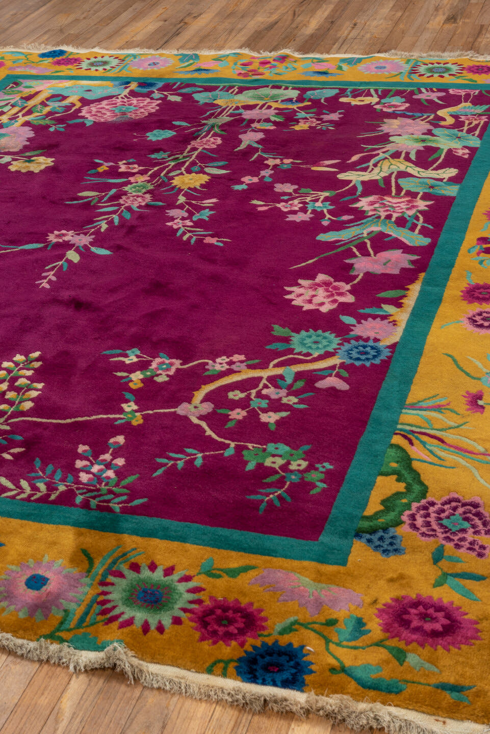 7' x 9' one-of-a-kind handmade vintage Chinese rug. Color palette: magenta, gold, turquoise, pink, teal, ivory, blue, green