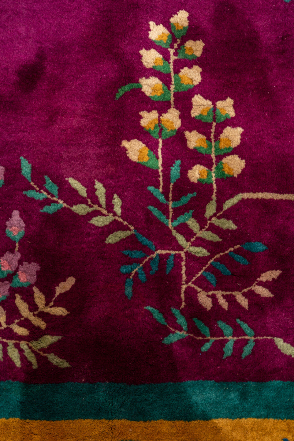 7' x 9' one-of-a-kind handmade vintage Chinese rug. Color palette: magenta, gold, turquoise, pink, teal, ivory, blue, green