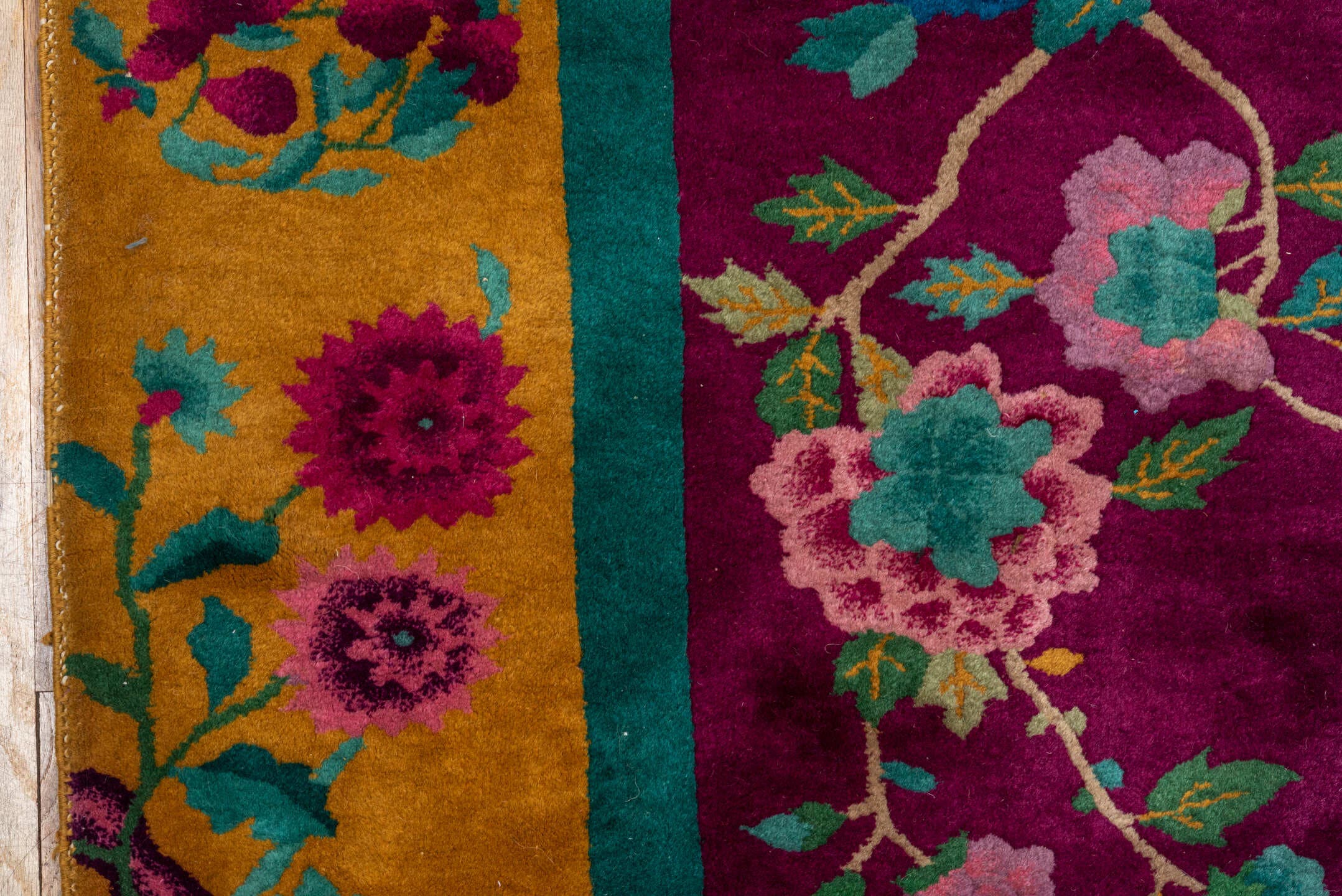 7' x 9' one-of-a-kind handmade vintage Chinese rug. Color palette: magenta, gold, turquoise, pink, teal, ivory, blue, green