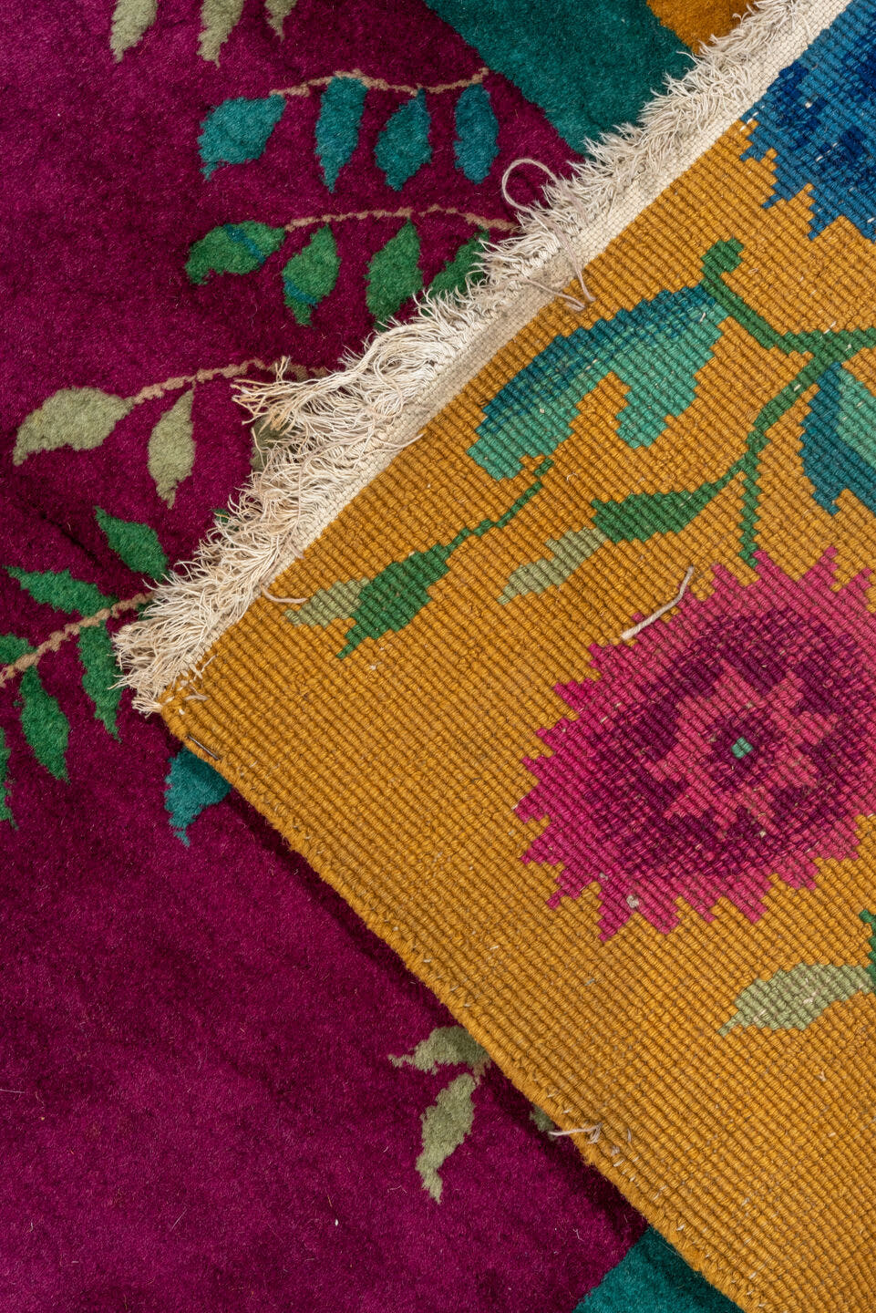 7' x 9' one-of-a-kind handmade vintage Chinese rug. Color palette: magenta, gold, turquoise, pink, teal, ivory, blue, green