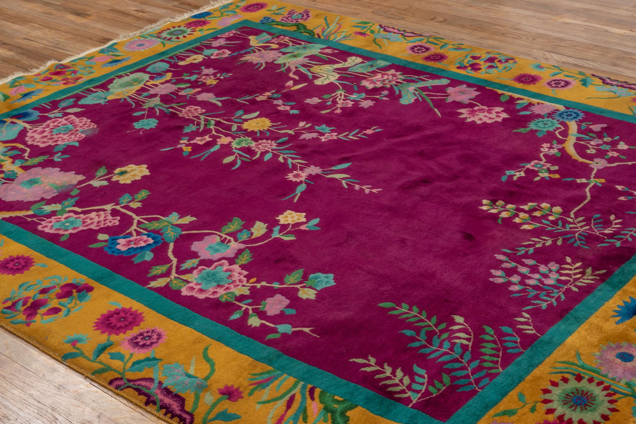 7' x 9' one-of-a-kind handmade vintage Chinese rug. Color palette: magenta, gold, turquoise, pink, teal, ivory, blue, green