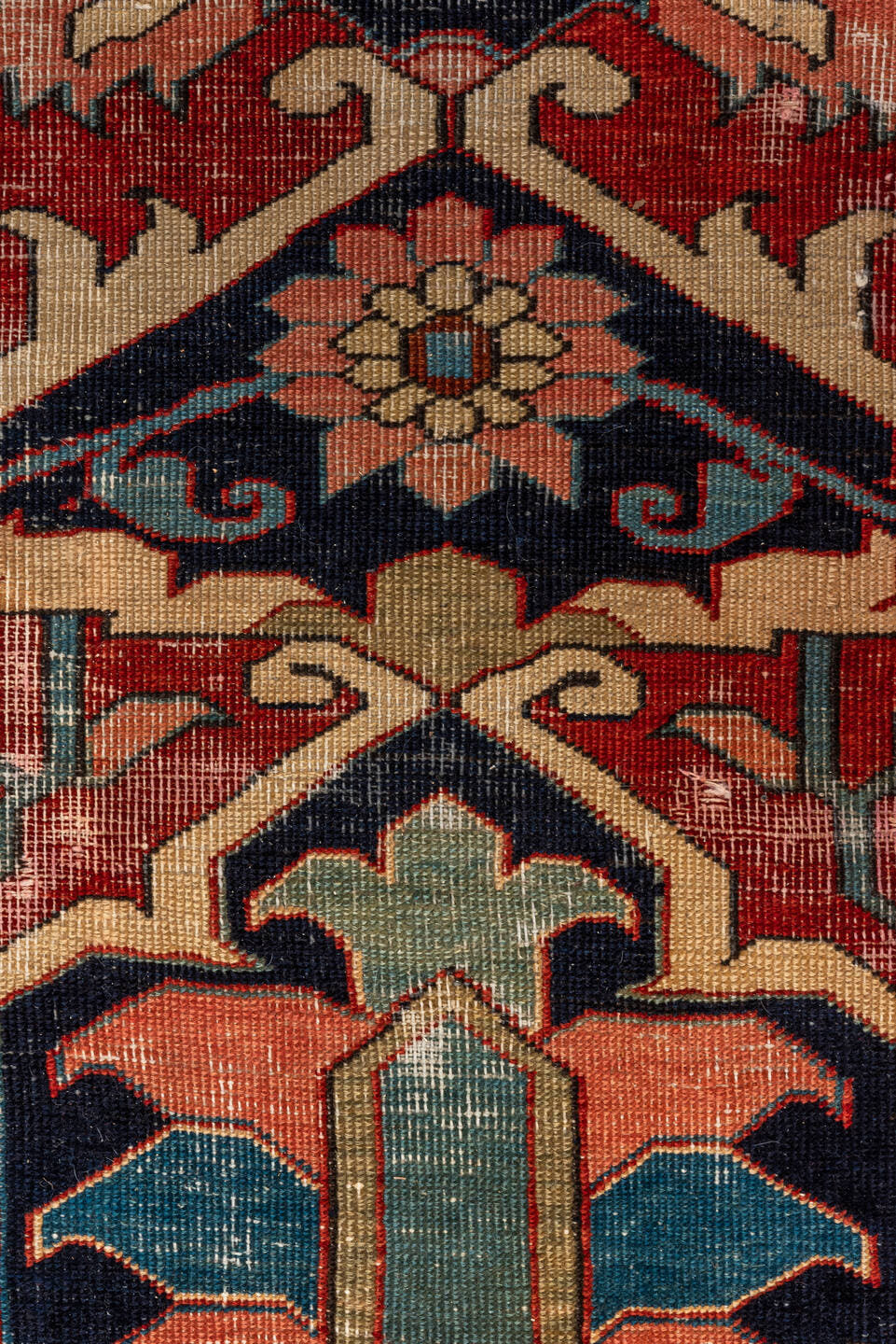 12' x 16' one-of-a-kind handmade vintage Serapi oversize rug. Color palette: red, navy, ivory, rust, sky blue, sage, camel