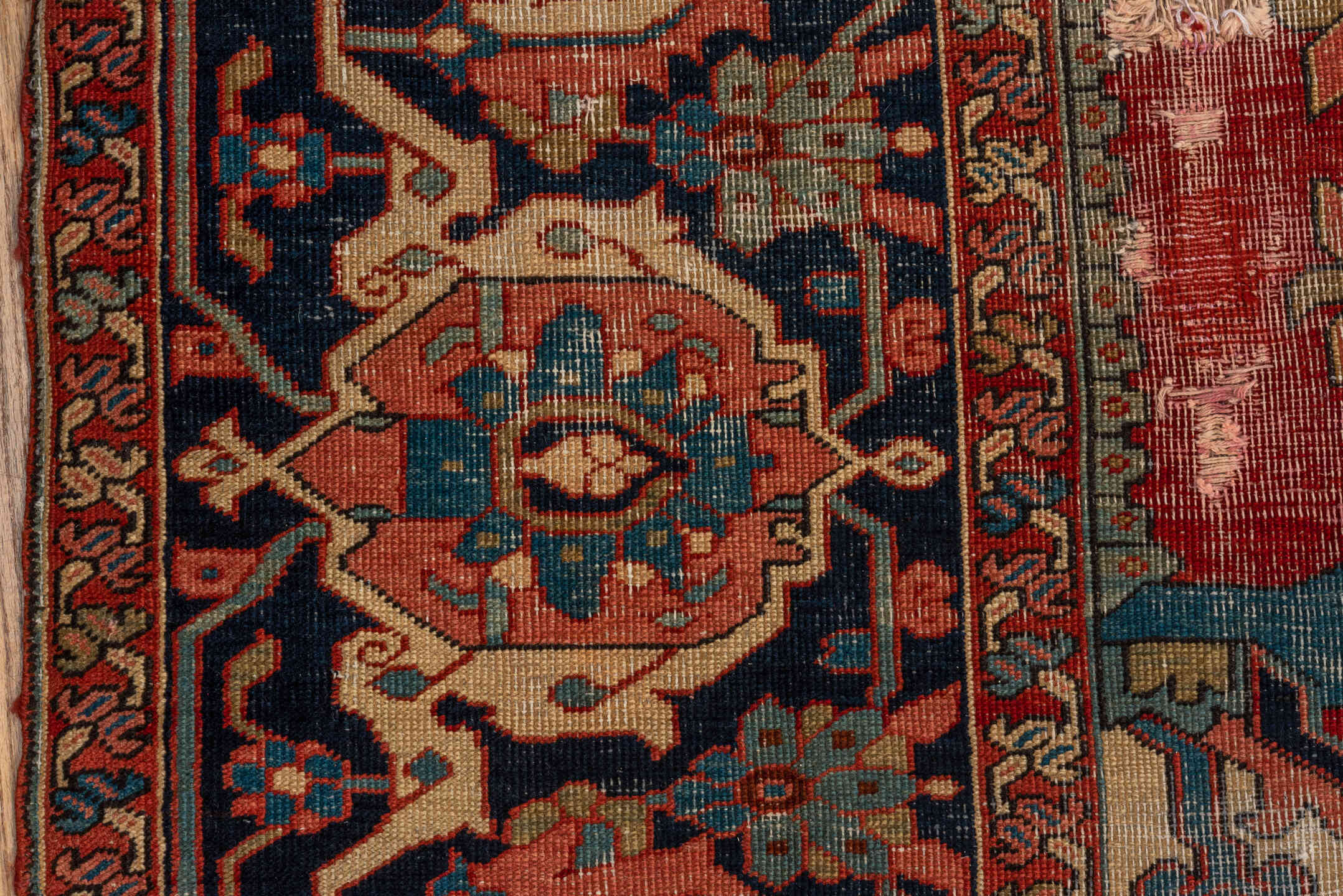 12' x 16' one-of-a-kind handmade vintage Serapi oversize rug. Color palette: red, navy, ivory, rust, sky blue, sage, camel