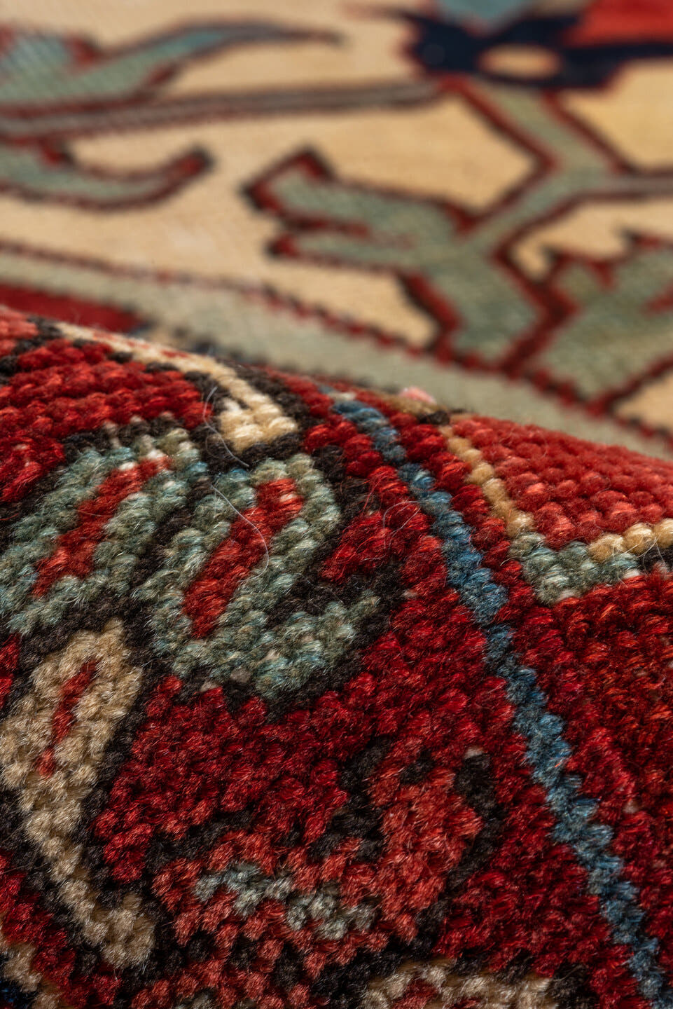 12' x 16' one-of-a-kind handmade vintage Serapi oversize rug. Color palette: red, navy, ivory, rust, sky blue, sage, camel