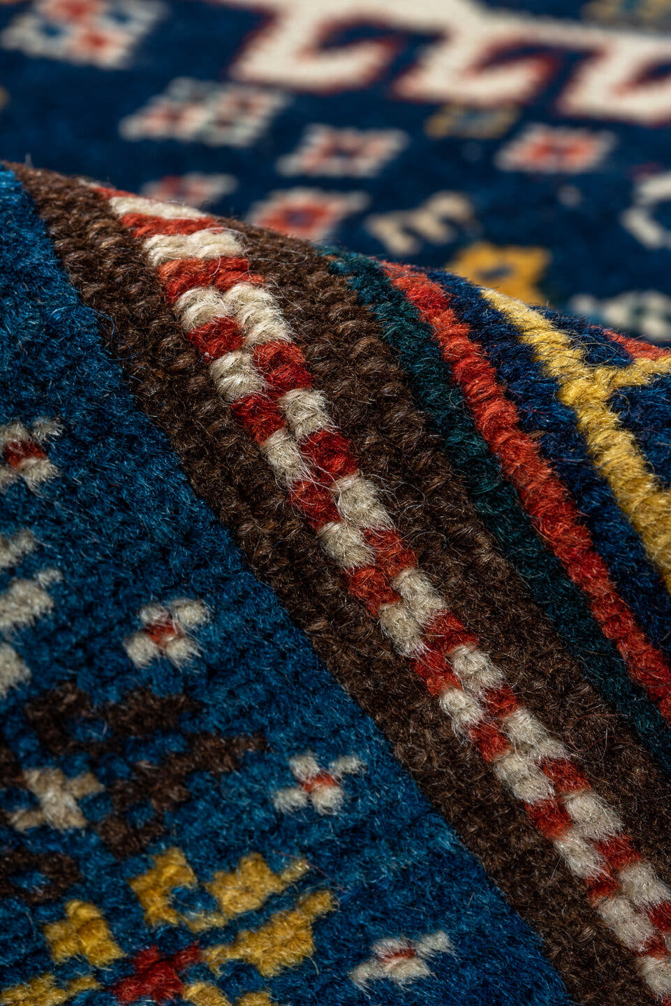 3' x 5' one-of-a-kind handmade vintage Shirvan small size rug. Color palette: navy, ivory, cobalt, crimson, rust, camel