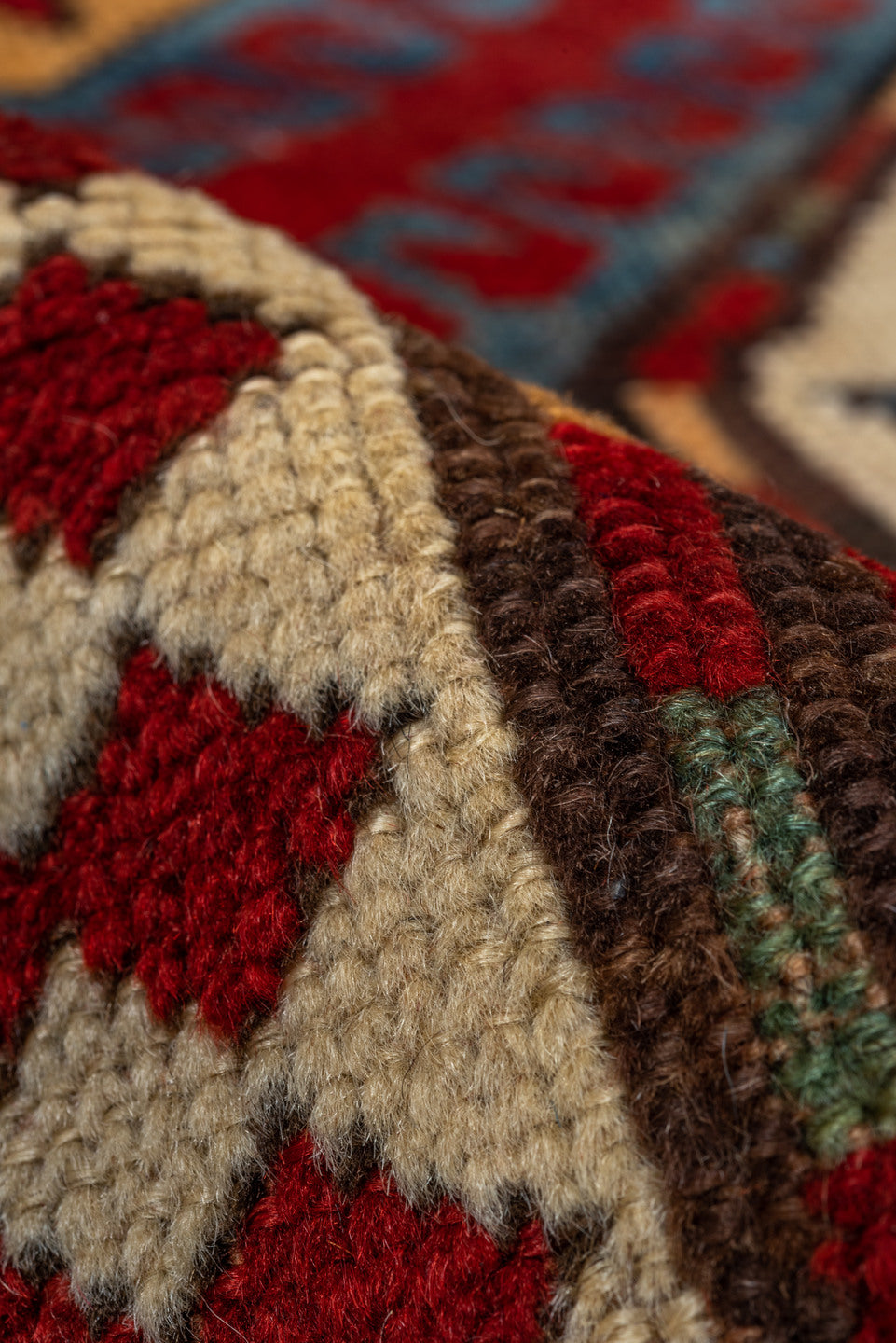 5' x 7' one-of-a-kind handmade vintage Kazak rug. Color palette: blue, brown, fiord, gray, light gray, pink, red, slate gray