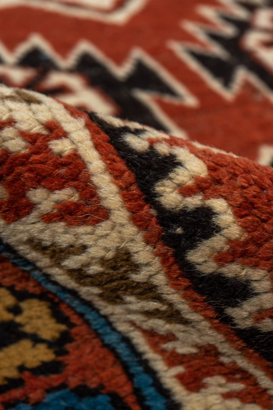 3' x 4' one-of-a-kind handmade vintage Shirvan small size rug. Color palette: rust, camel, ivory, black, sky blue