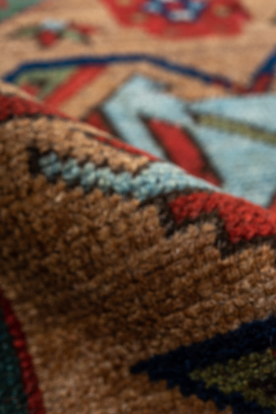 3' x 12' one-of-a-kind handmade vintage Cam Hamadan runner rug. Color palette: camel, red, ivory, navy, turquoise, brown