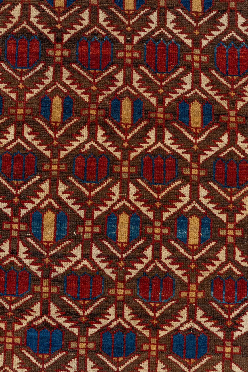 3' x 5' one-of-a-kind handmade vintage Shirvan small size rug. Color palette: ivory, indigo, rust, crimson, brown, camel